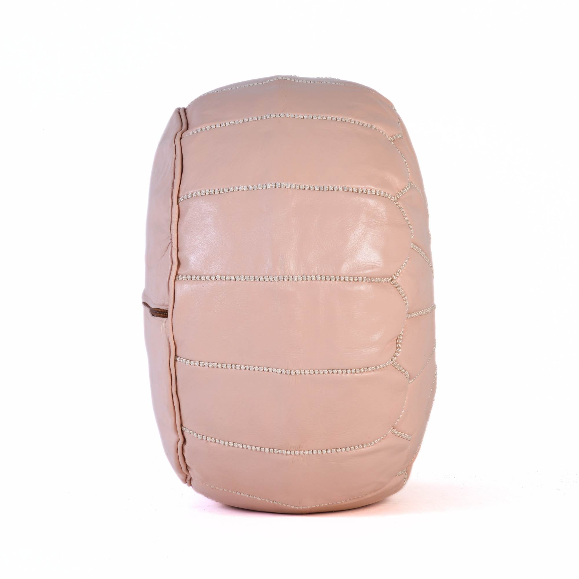 Light Pink Hand-Stitched Genuine Leather Ottoman Pouf with Embroidery