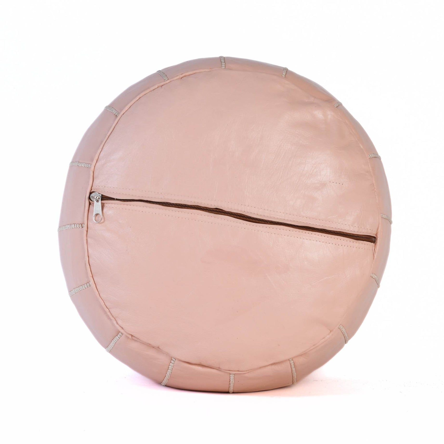 Light Pink Hand-Stitched Genuine Leather Ottoman Pouf with Embroidery