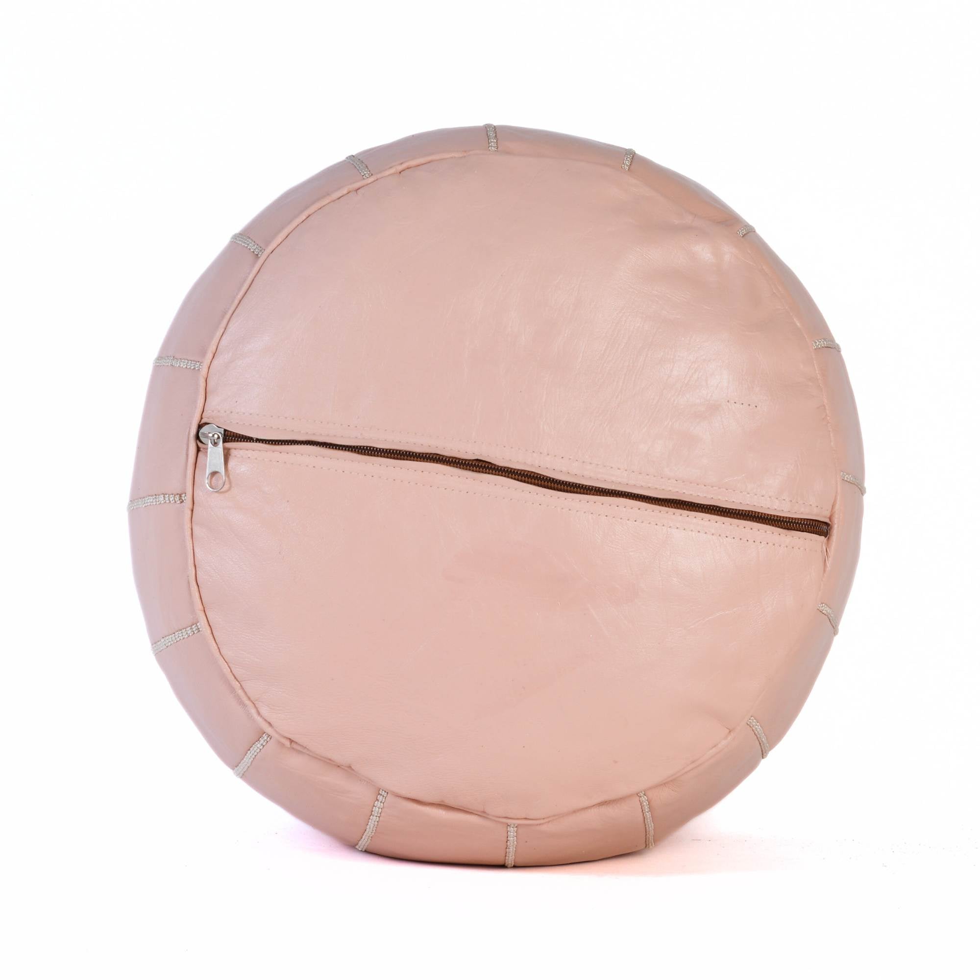 Light Pink Hand-Stitched Genuine Leather Ottoman Pouf with Embroidery