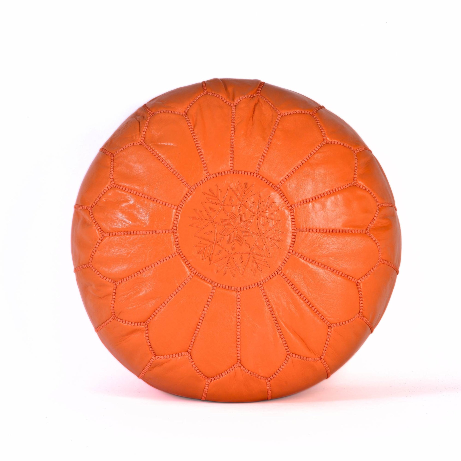 Orange Hand-Stitched Genuine Leather Ottoman Pouf with Embroidery
