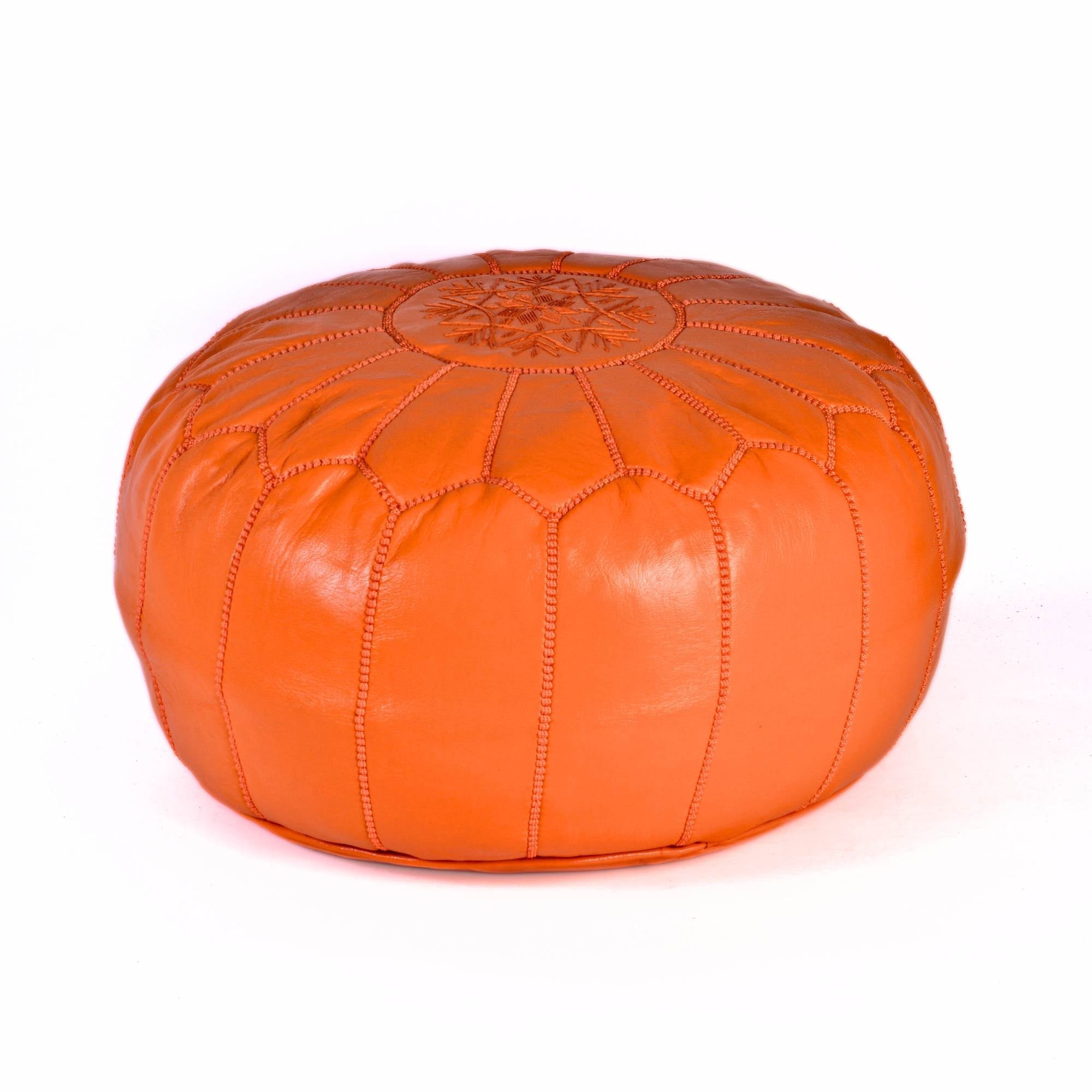 Orange Hand-Stitched Genuine Leather Ottoman Pouf with Embroidery