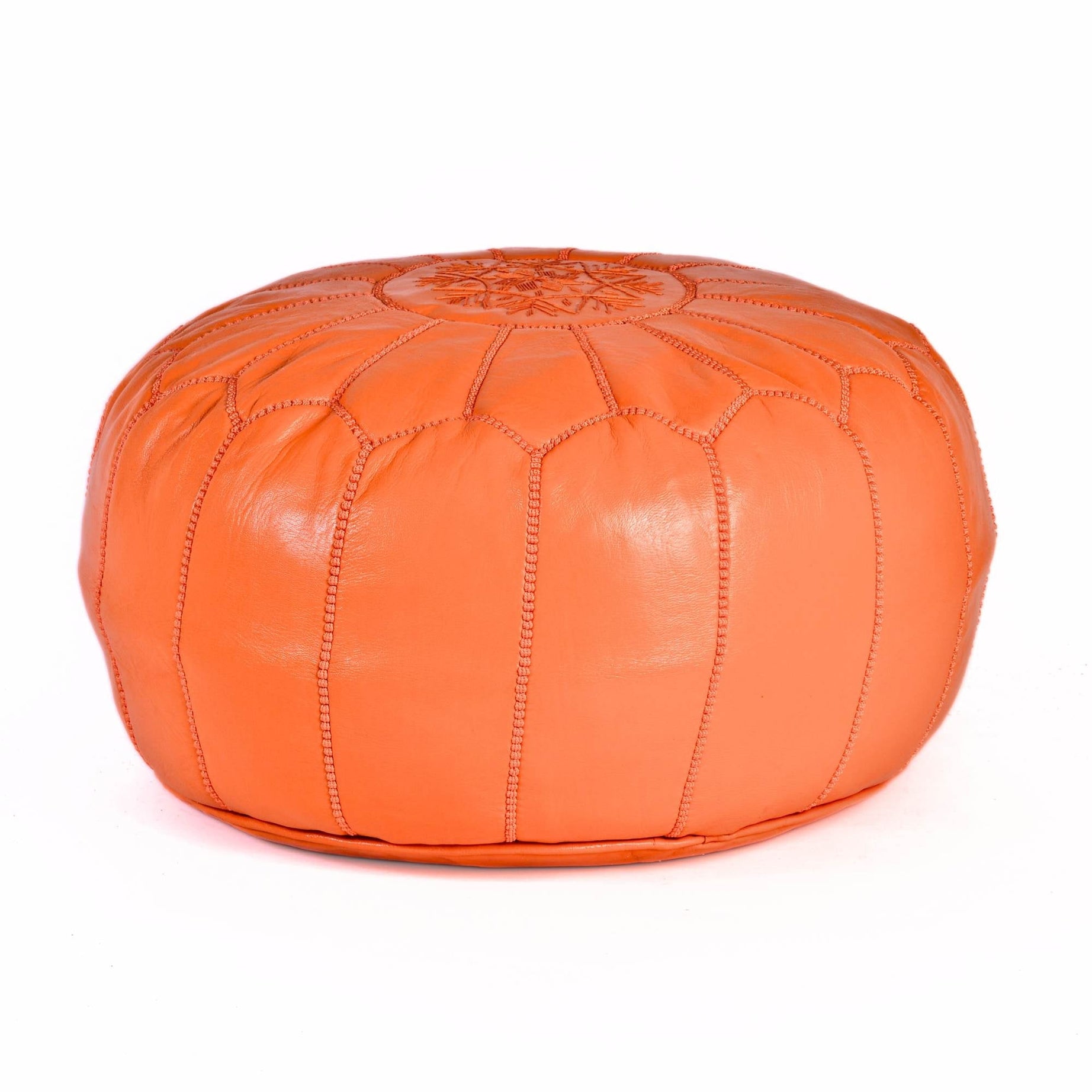 Orange Hand-Stitched Genuine Leather Ottoman Pouf with Embroidery