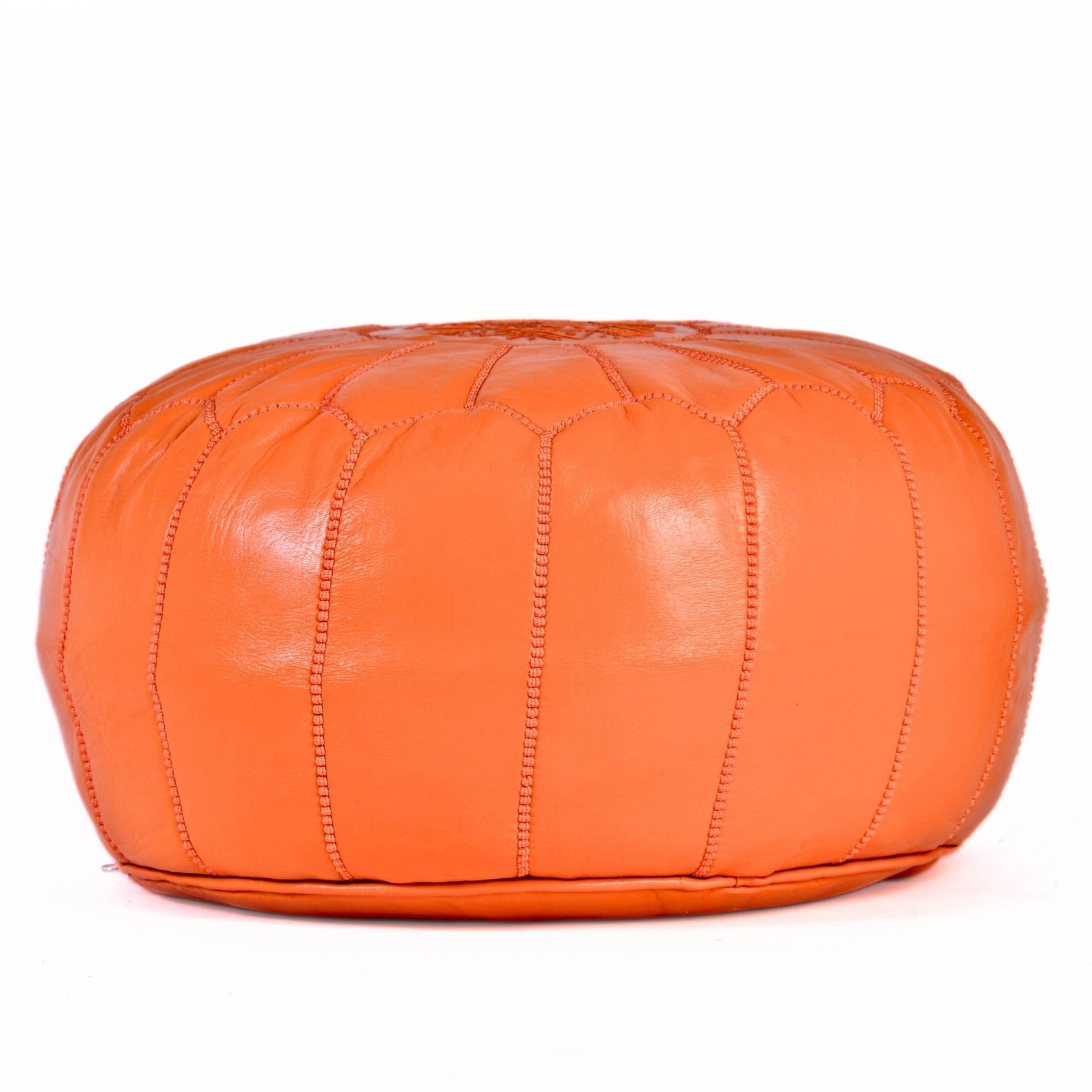 Orange Hand-Stitched Genuine Leather Ottoman Pouf with Embroidery