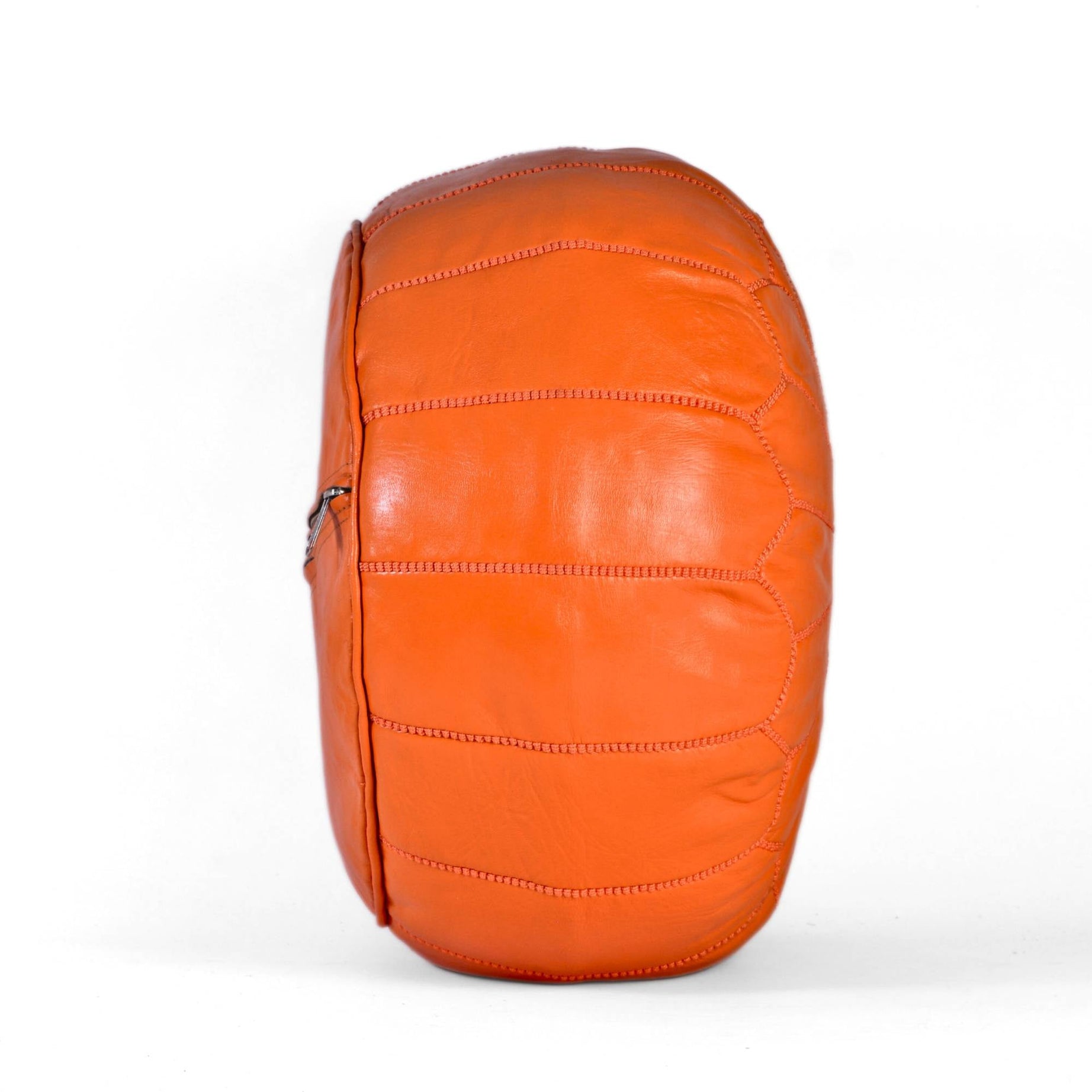 Orange Hand-Stitched Genuine Leather Ottoman Pouf with Embroidery