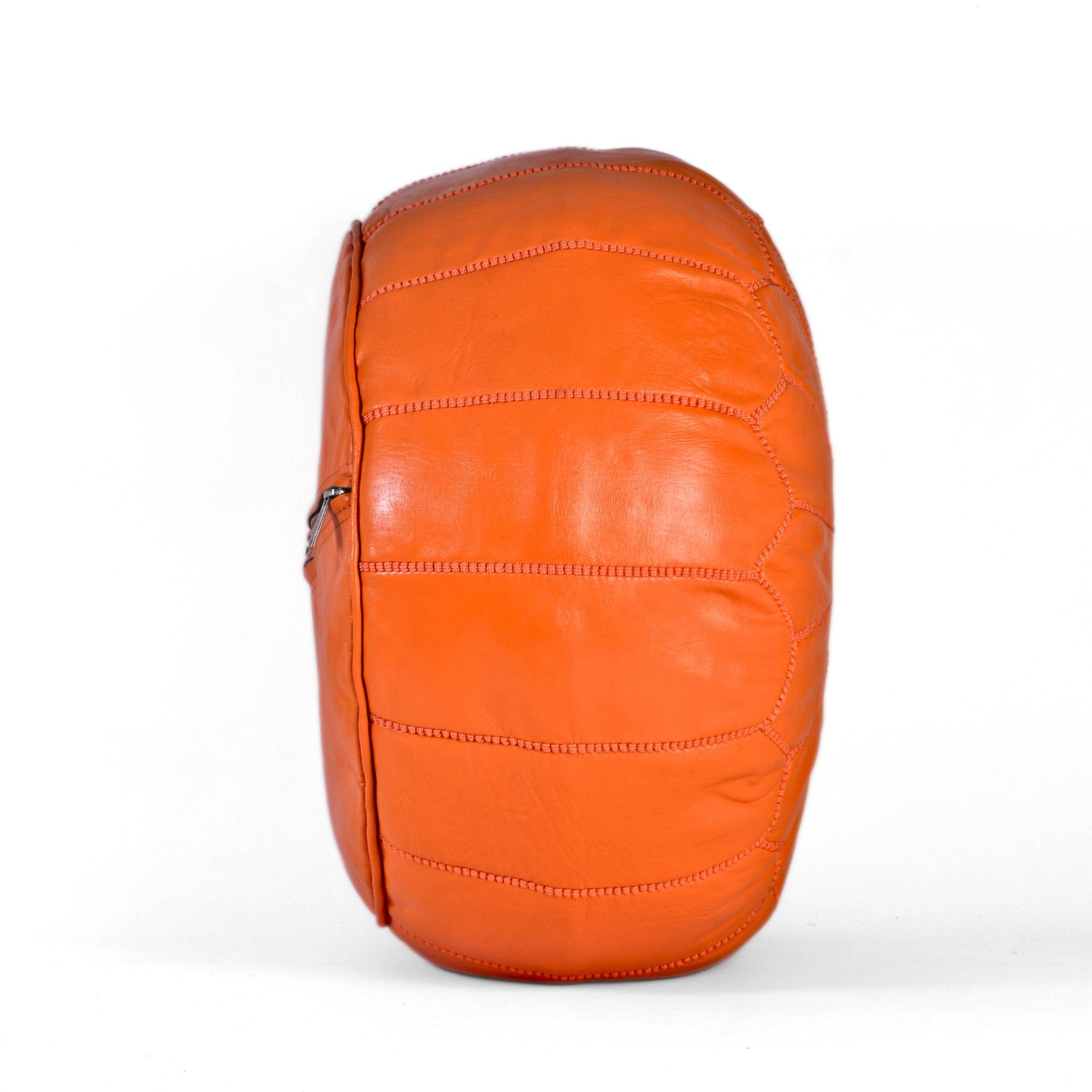 Orange Hand-Stitched Genuine Leather Ottoman Pouf with Embroidery