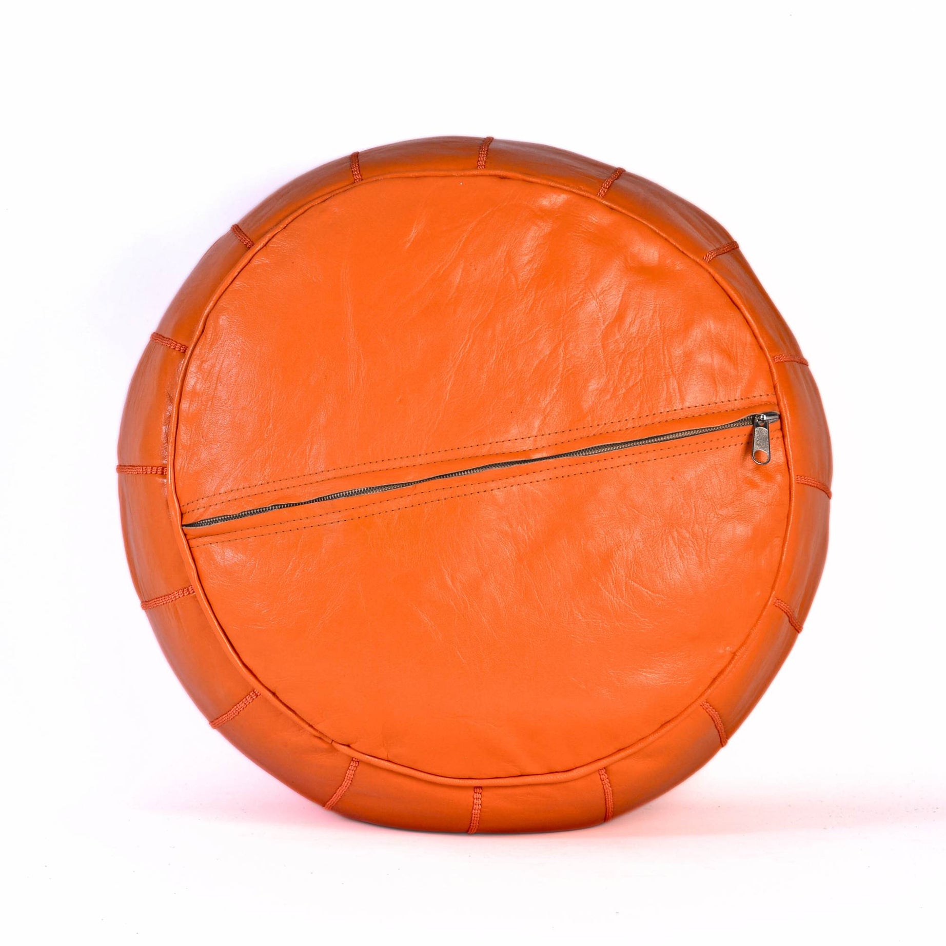Orange Hand-Stitched Genuine Leather Ottoman Pouf with Embroidery