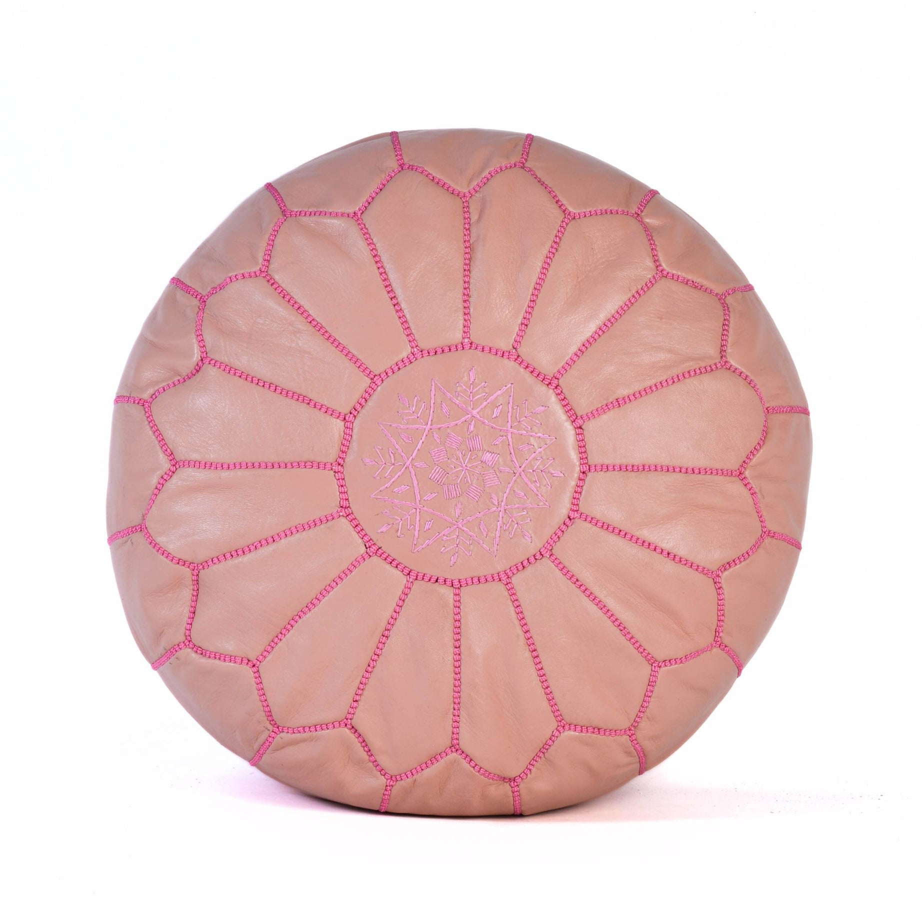 Pink Hand-Stitched Genuine Leather Ottoman Pouf with Embroidery