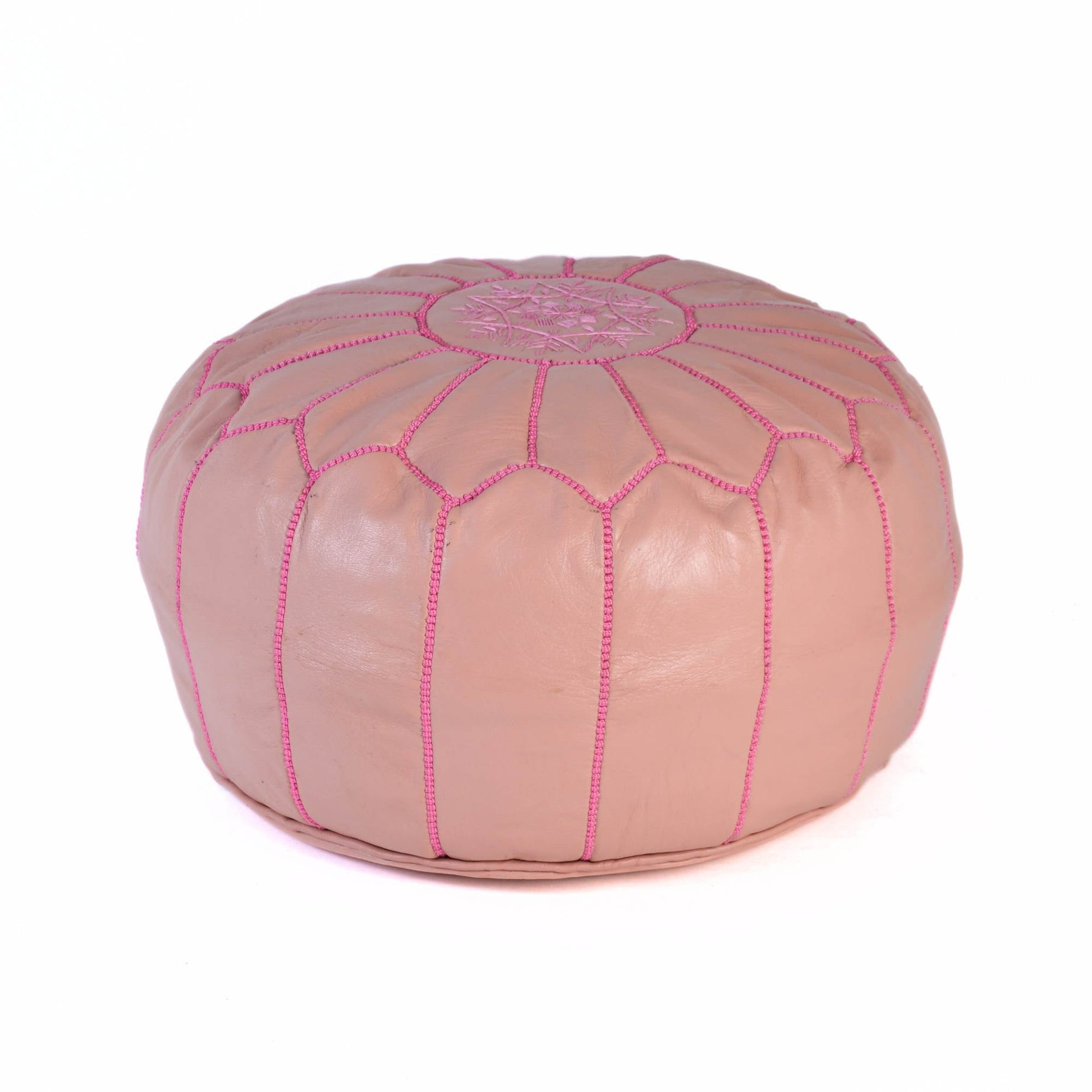 Pink Hand-Stitched Genuine Leather Ottoman Pouf with Embroidery