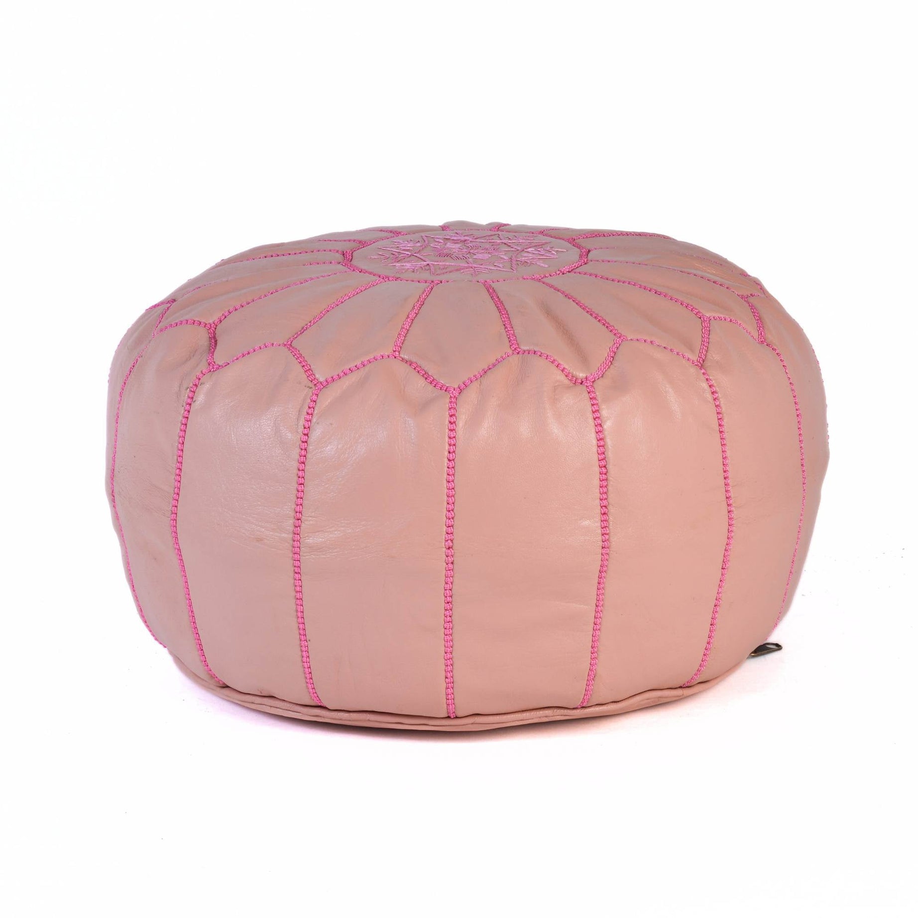 Pink Hand-Stitched Genuine Leather Ottoman Pouf with Embroidery