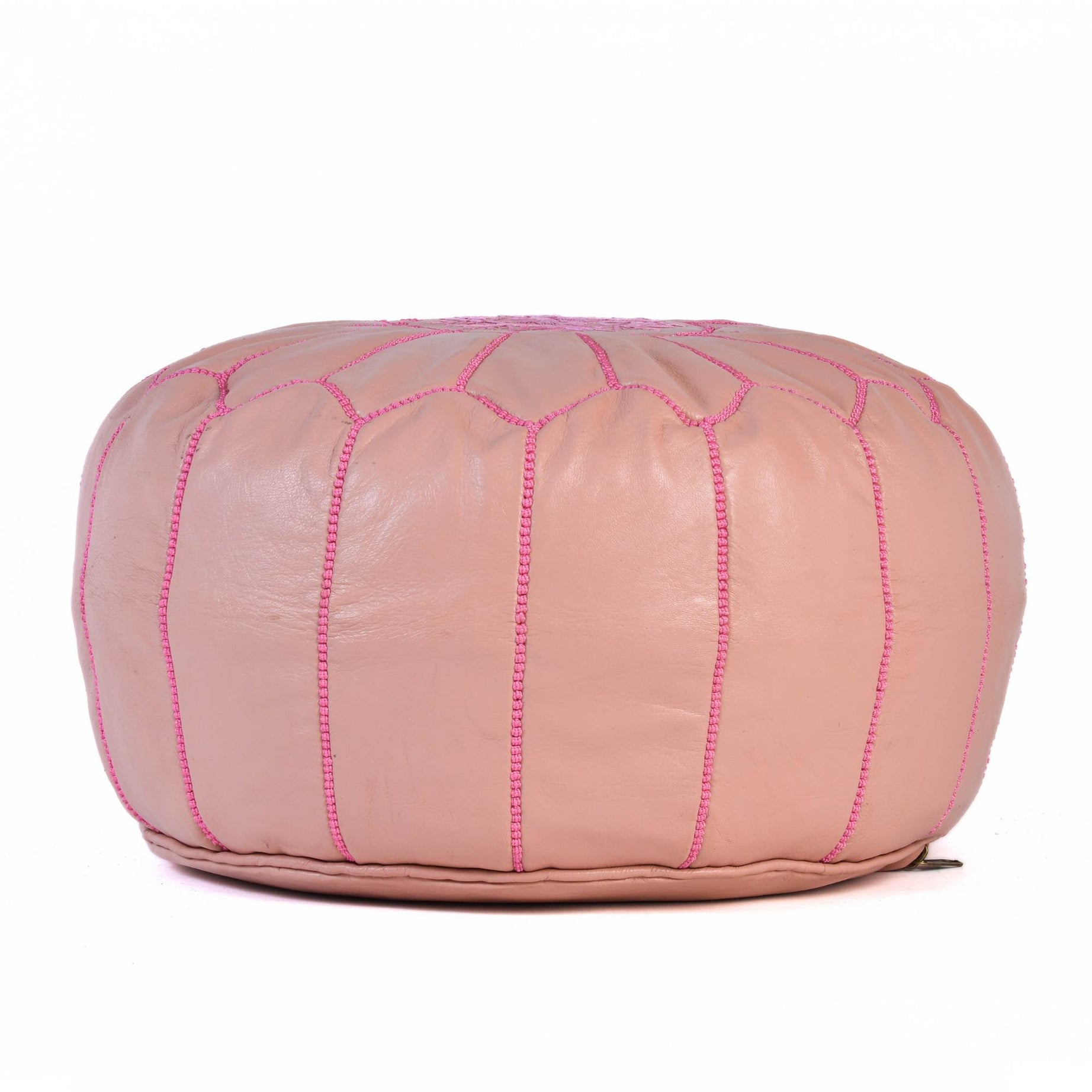 Pink Hand-Stitched Genuine Leather Ottoman Pouf with Embroidery
