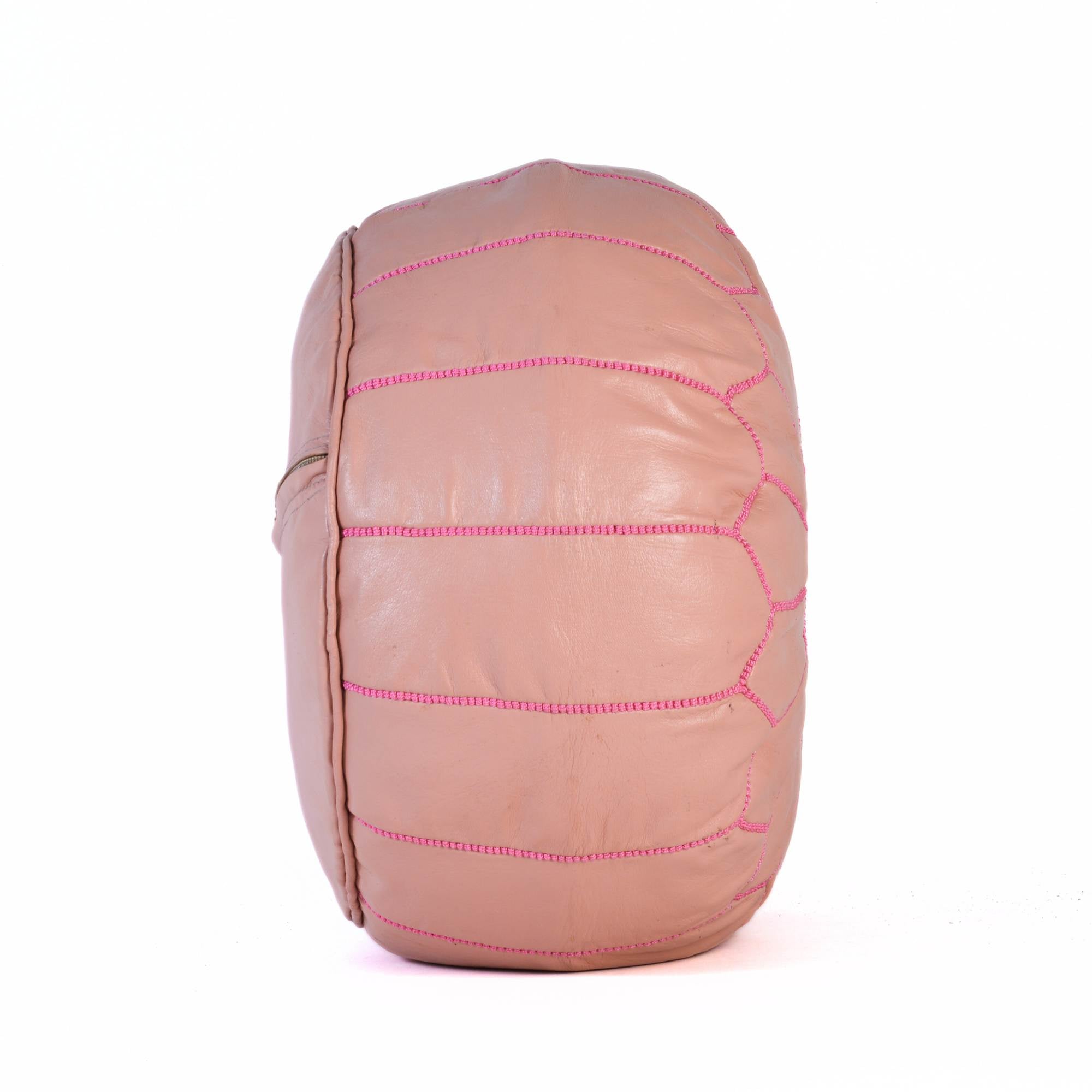 Pink Hand-Stitched Genuine Leather Ottoman Pouf with Embroidery