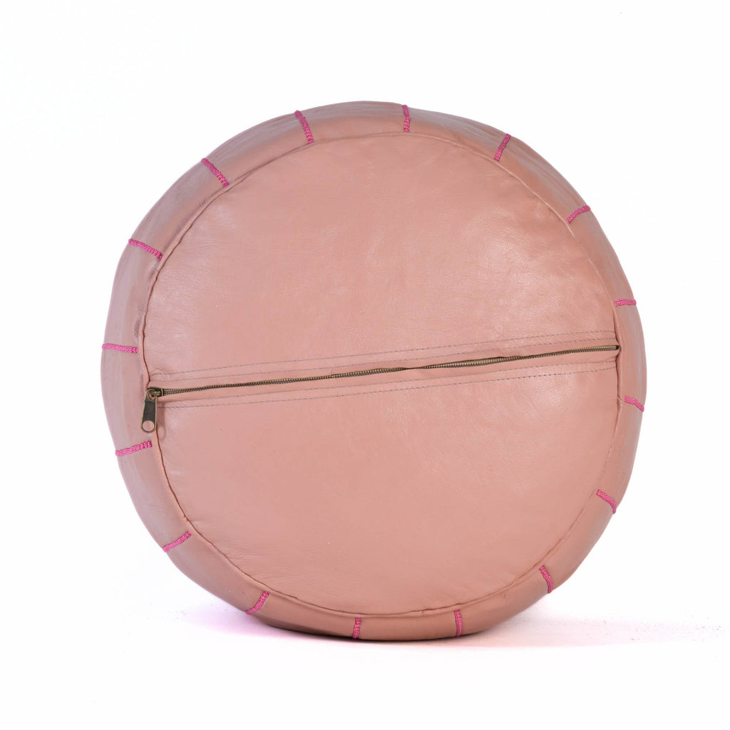 Pink Moroccan Leather Ottoman Pouf Side View - LuxoraCraft