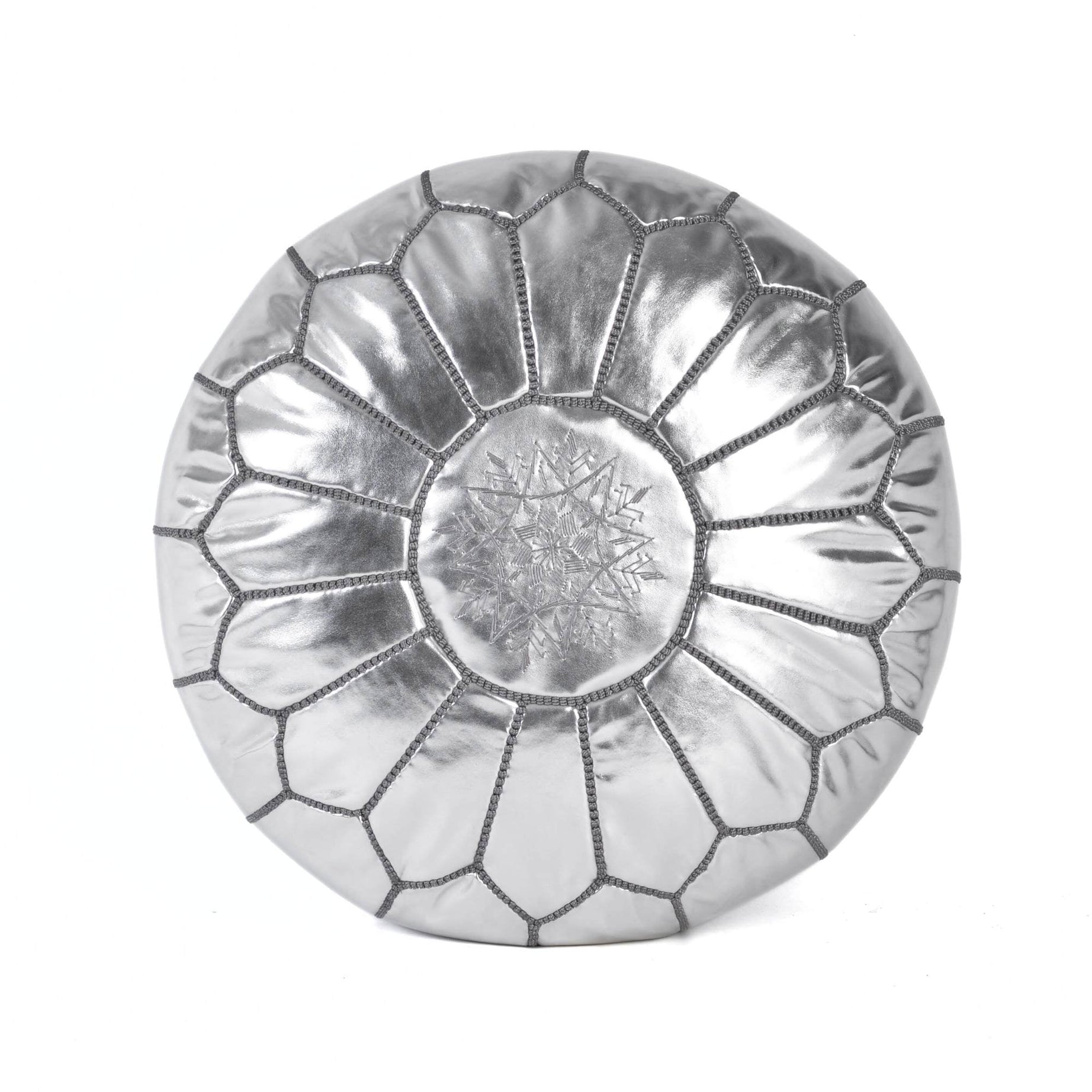 Silver Hand-Stitched Genuine Leather Ottoman Pouf with Embroidery