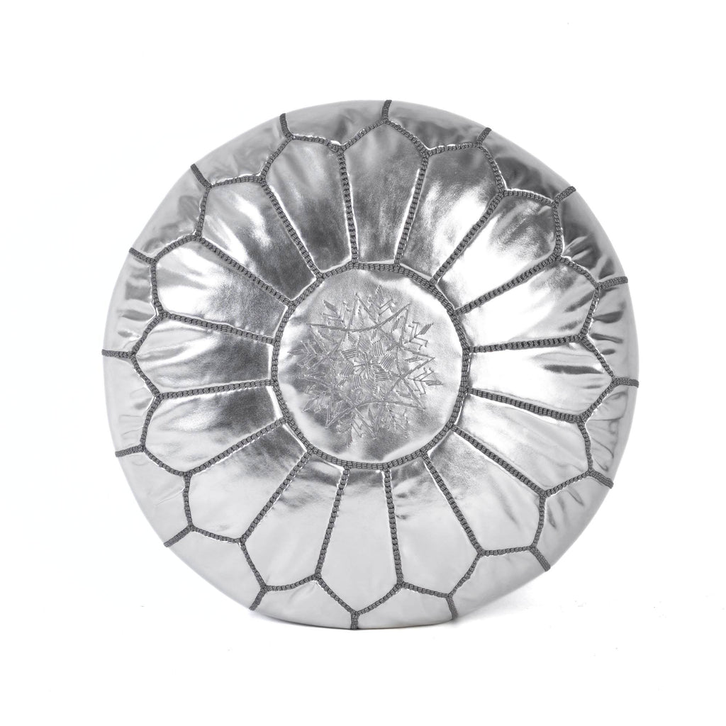 Silver Leather Pouf Authentic Moroccan Handmade Footstool - LuxoraCraft