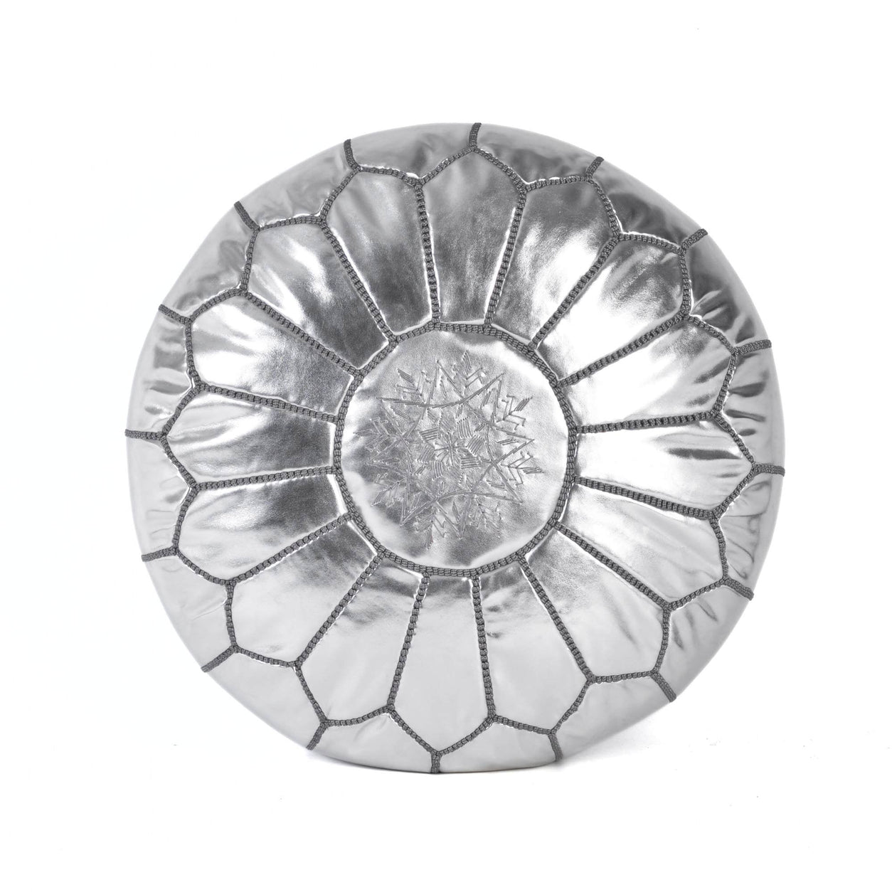 Silver Leather Pouf Authentic Moroccan Handmade Footstool - LuxoraCraft