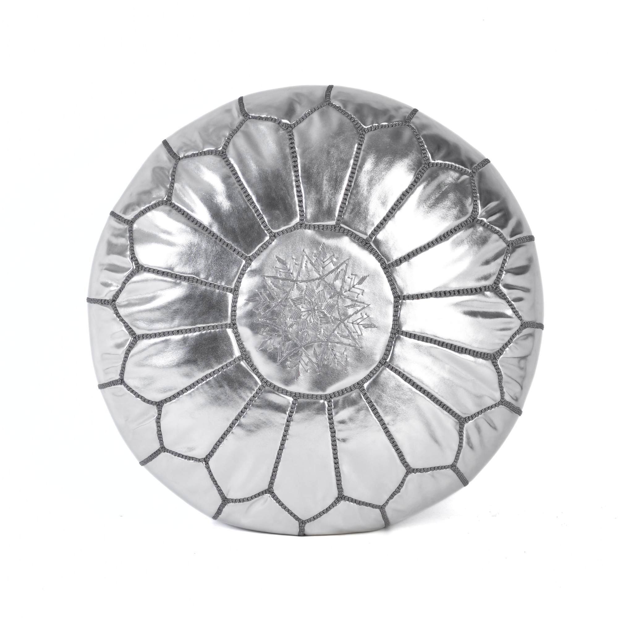 Silver Hand-Stitched Genuine Leather Ottoman Pouf with Embroidery