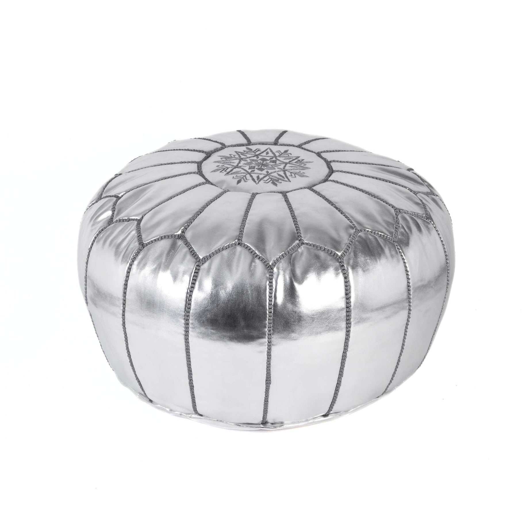 Silver Hand-Stitched Genuine Leather Ottoman Pouf with Embroidery
