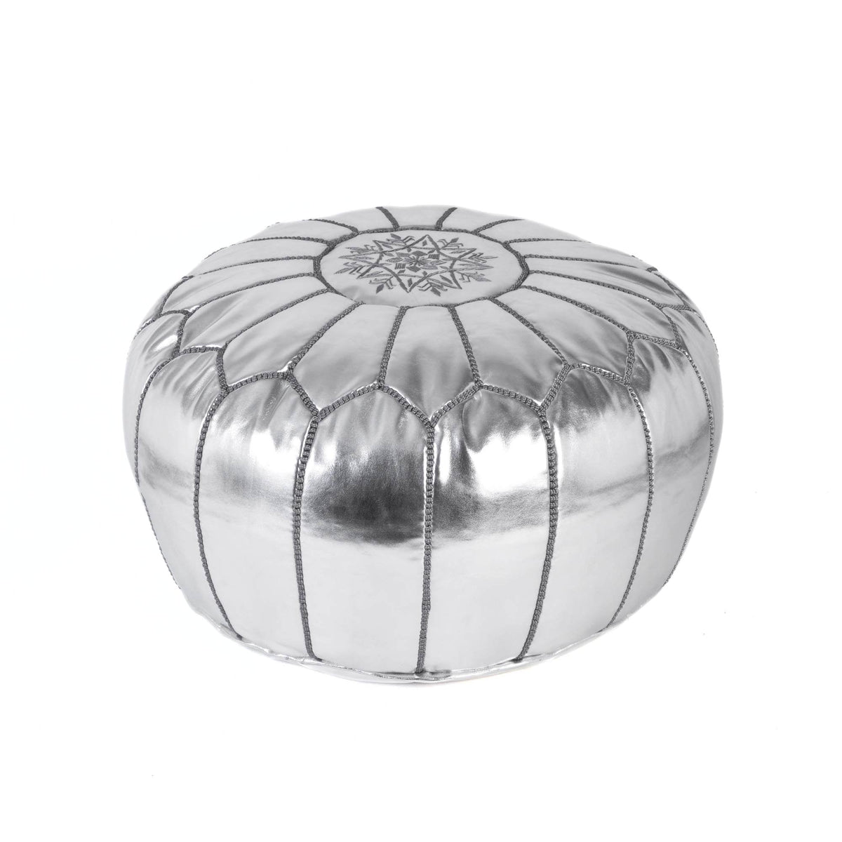 Silver Round Leather Pouf Boho Living Room Decor - LuxoraCraft