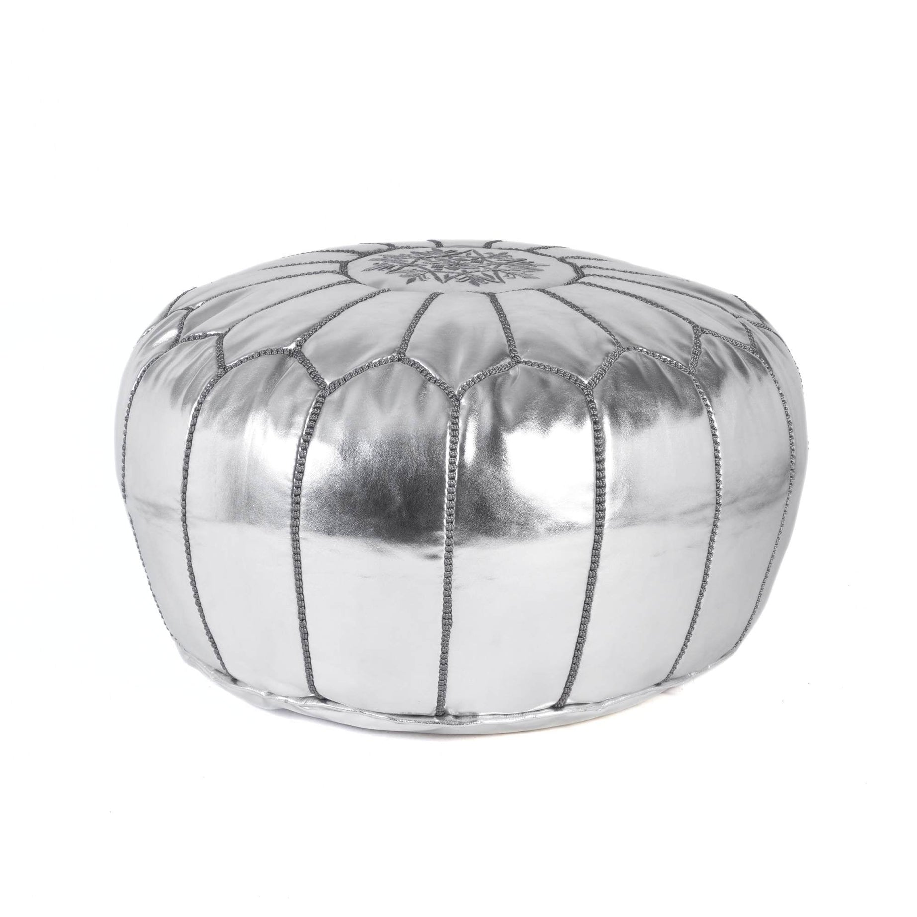 Silver Hand-Stitched Genuine Leather Ottoman Pouf with Embroidery
