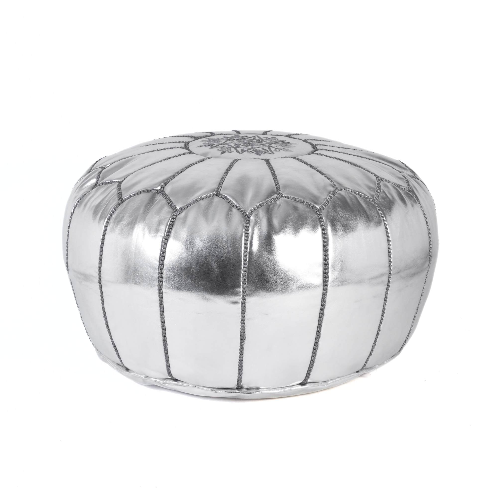 Silver Hand-Stitched Genuine Leather Ottoman Pouf with Embroidery