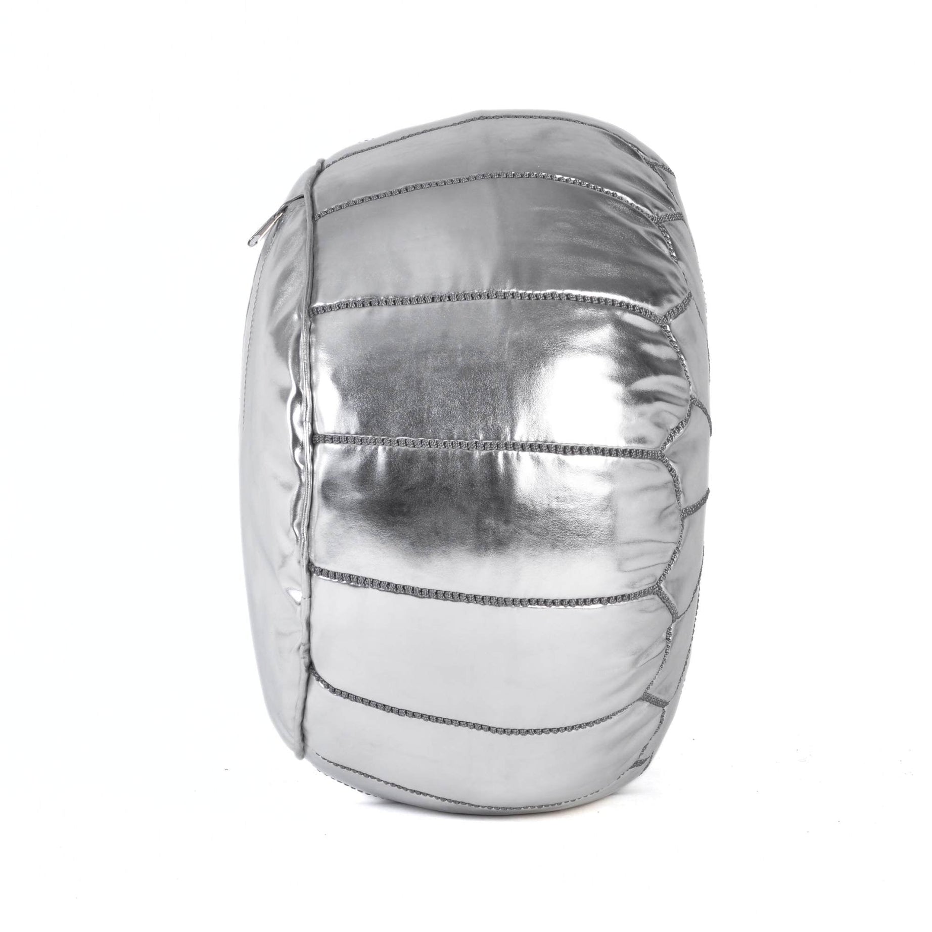 Silver Hand-Stitched Genuine Leather Ottoman Pouf with Embroidery