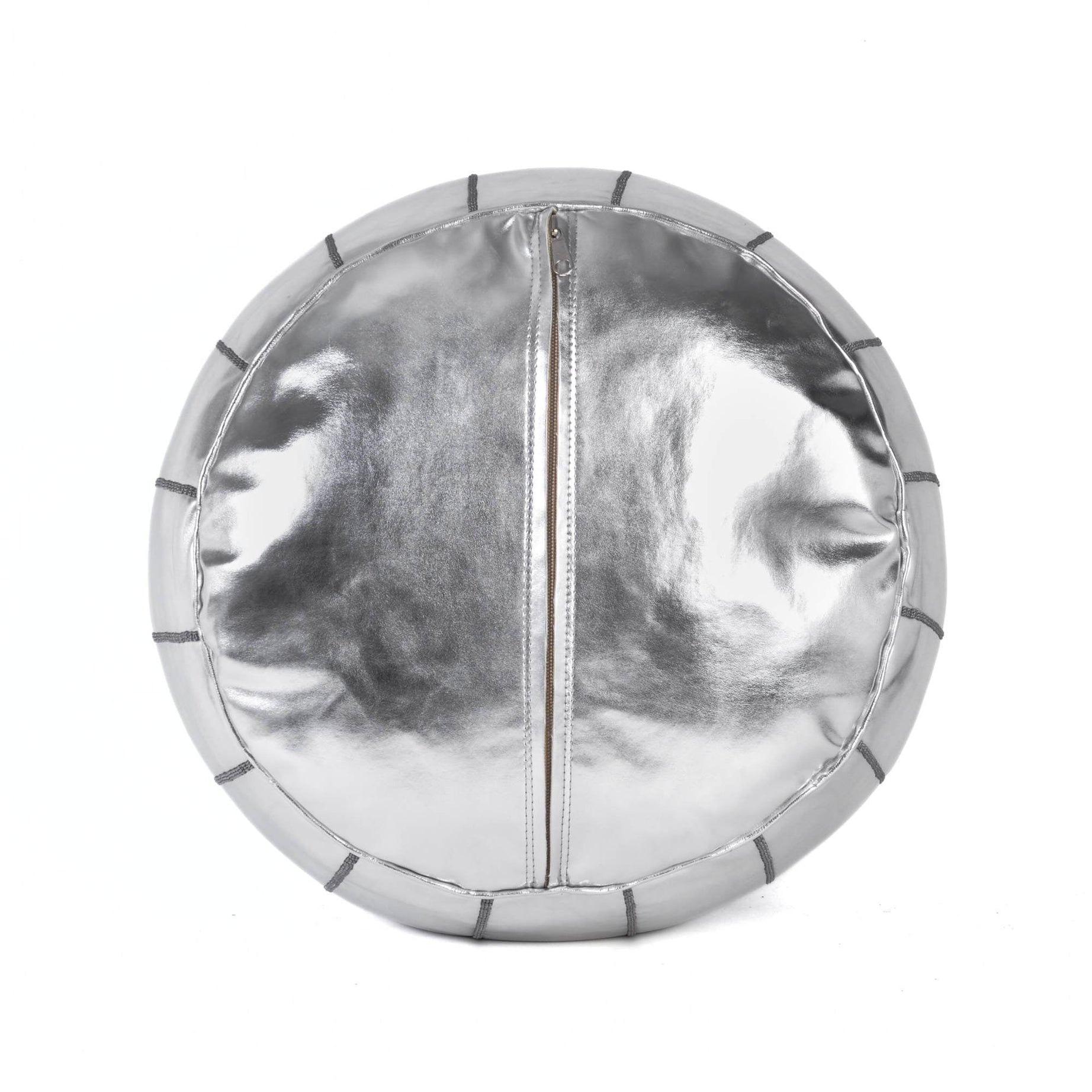 Silver Hand-Stitched Genuine Leather Ottoman Pouf with Embroidery