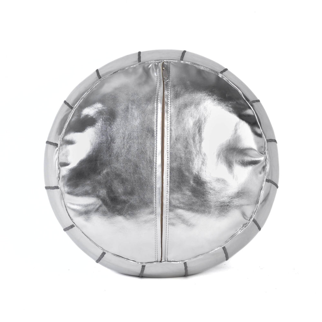 Silver Moroccan Leather Ottoman Pouf - LuxoraCraft