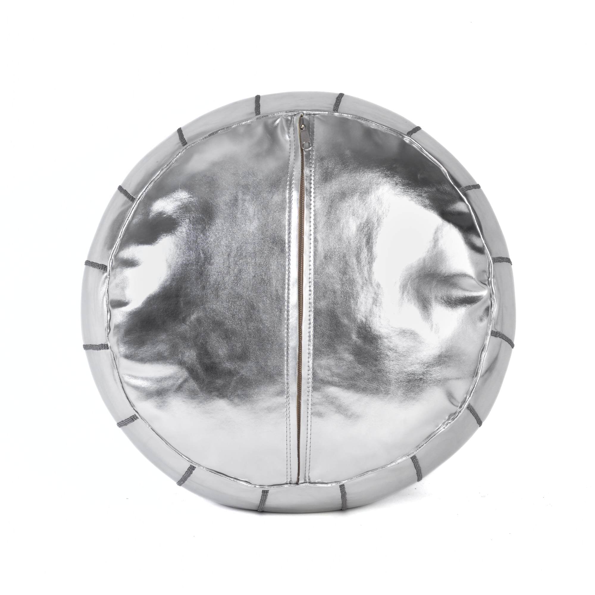 Silver Hand-Stitched Genuine Leather Ottoman Pouf with Embroidery