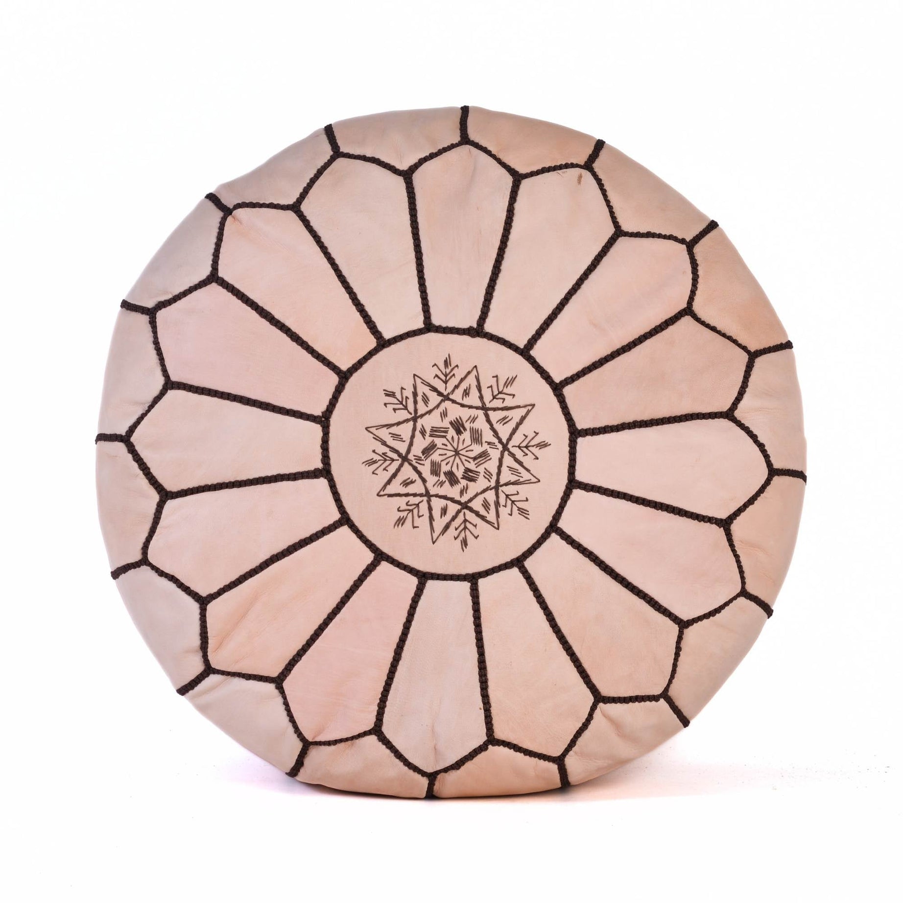Tan Natural Hand-Stitched Genuine Leather Ottoman Pouf with Embroidery