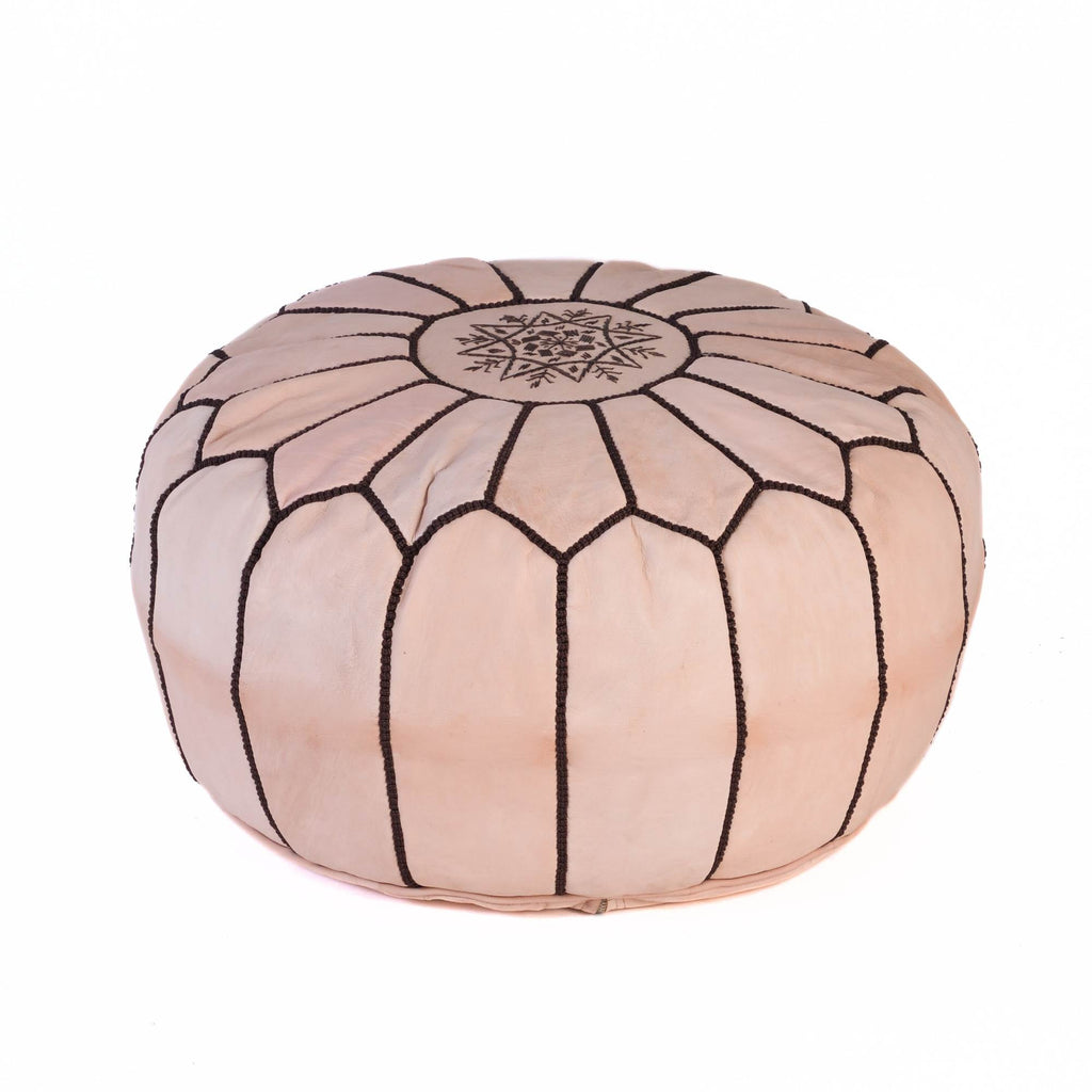 Tan Natural Round Leather Pouf Boho Footstool Decor - LuxoraCraft