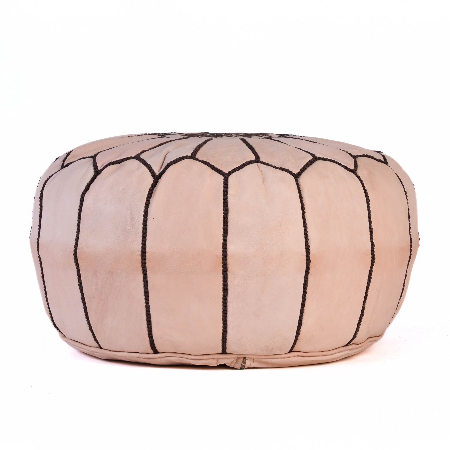 Tan Natural Hand-Stitched Genuine Leather Ottoman Pouf with Embroidery