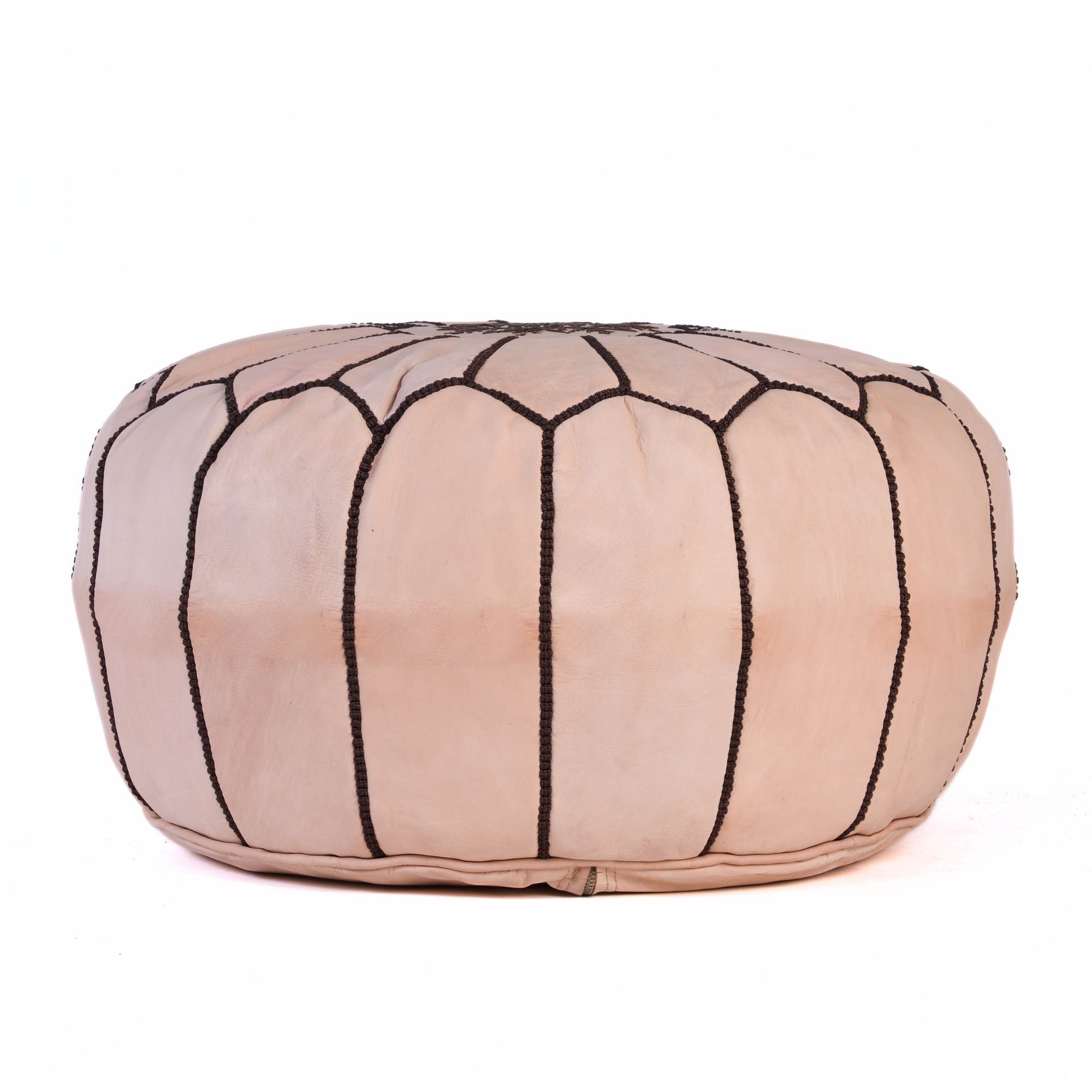 Tan Natural Hand-Stitched Genuine Leather Ottoman Pouf with Embroidery