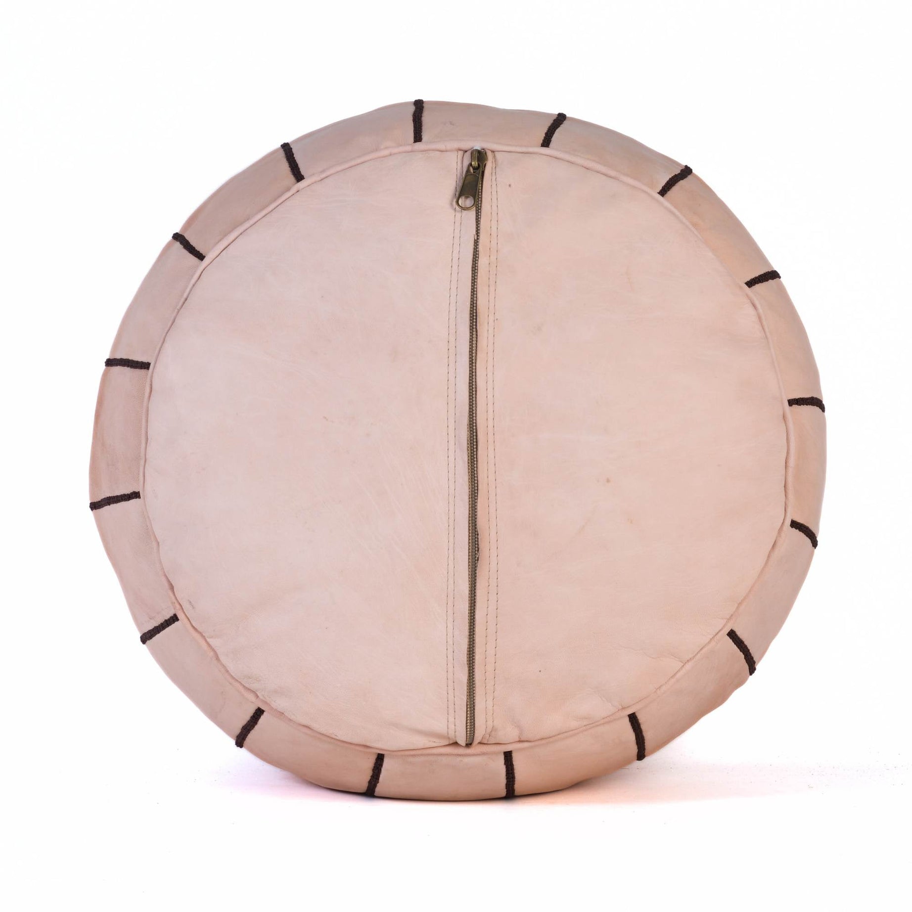 Tan Natural Hand-Stitched Genuine Leather Ottoman Pouf with Embroidery