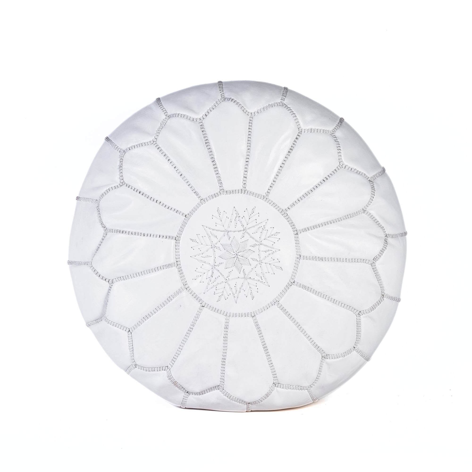 White Hand-Stitched Genuine Leather Ottoman Pouf with Embroidery