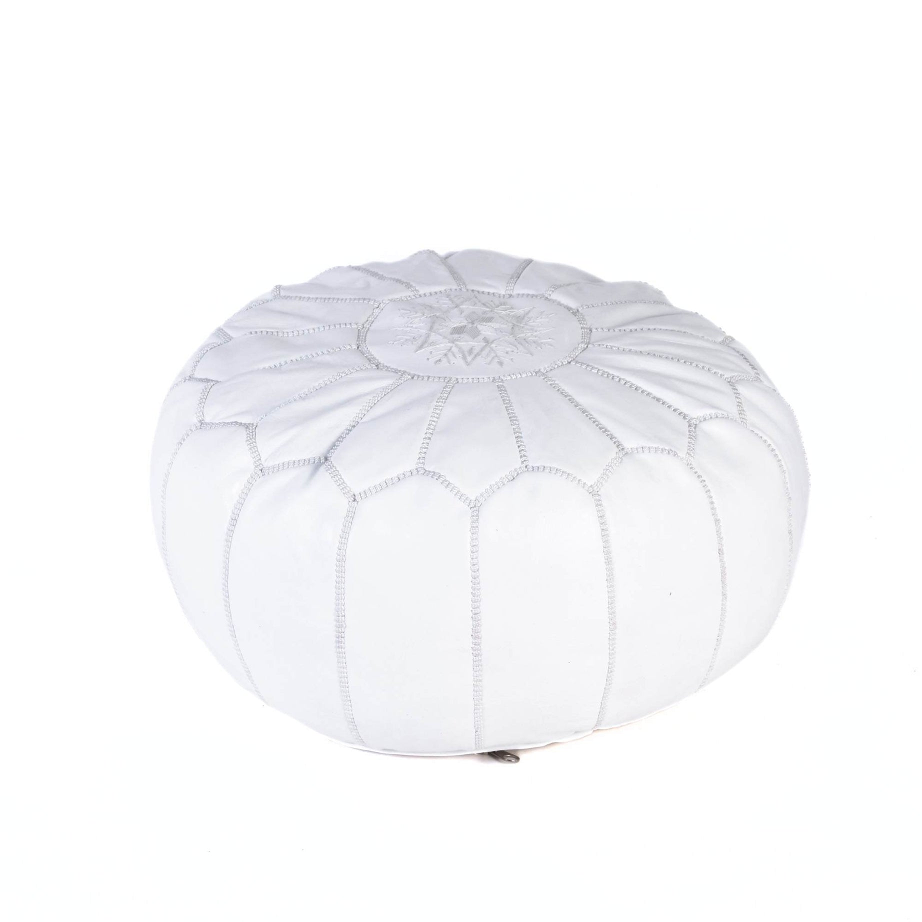White Hand-Stitched Genuine Leather Ottoman Pouf with Embroidery