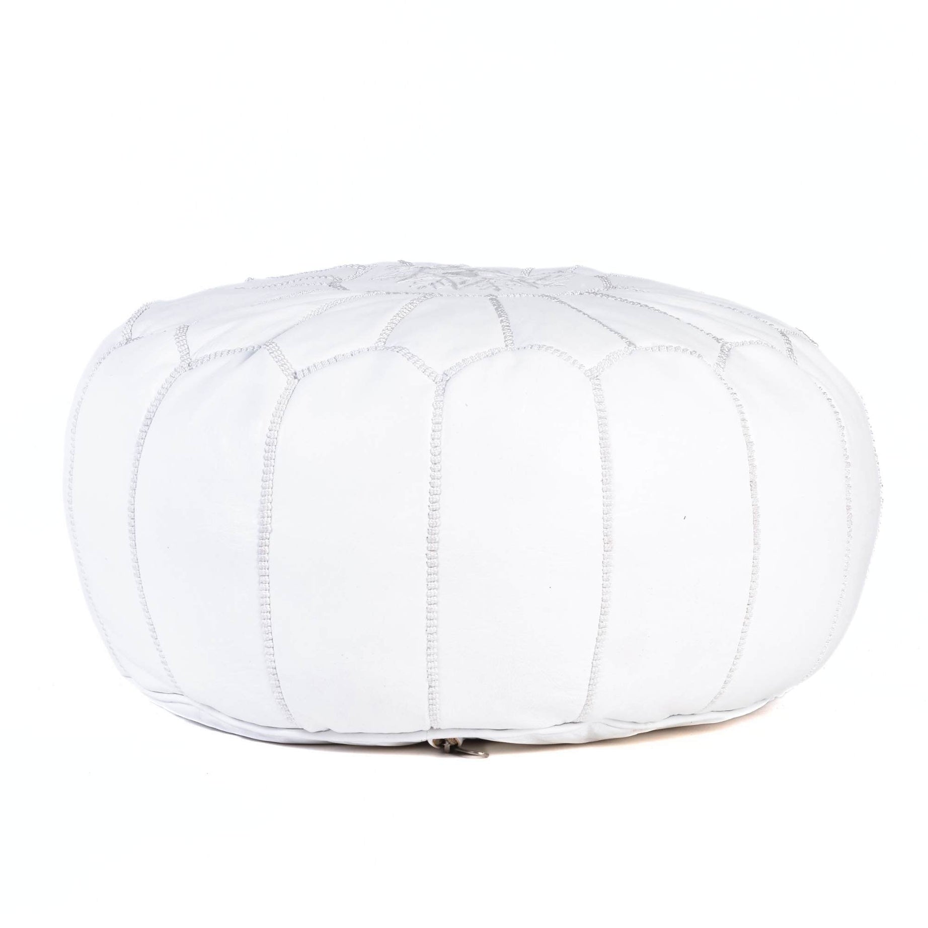 White Hand-Stitched Genuine Leather Ottoman Pouf with Embroidery