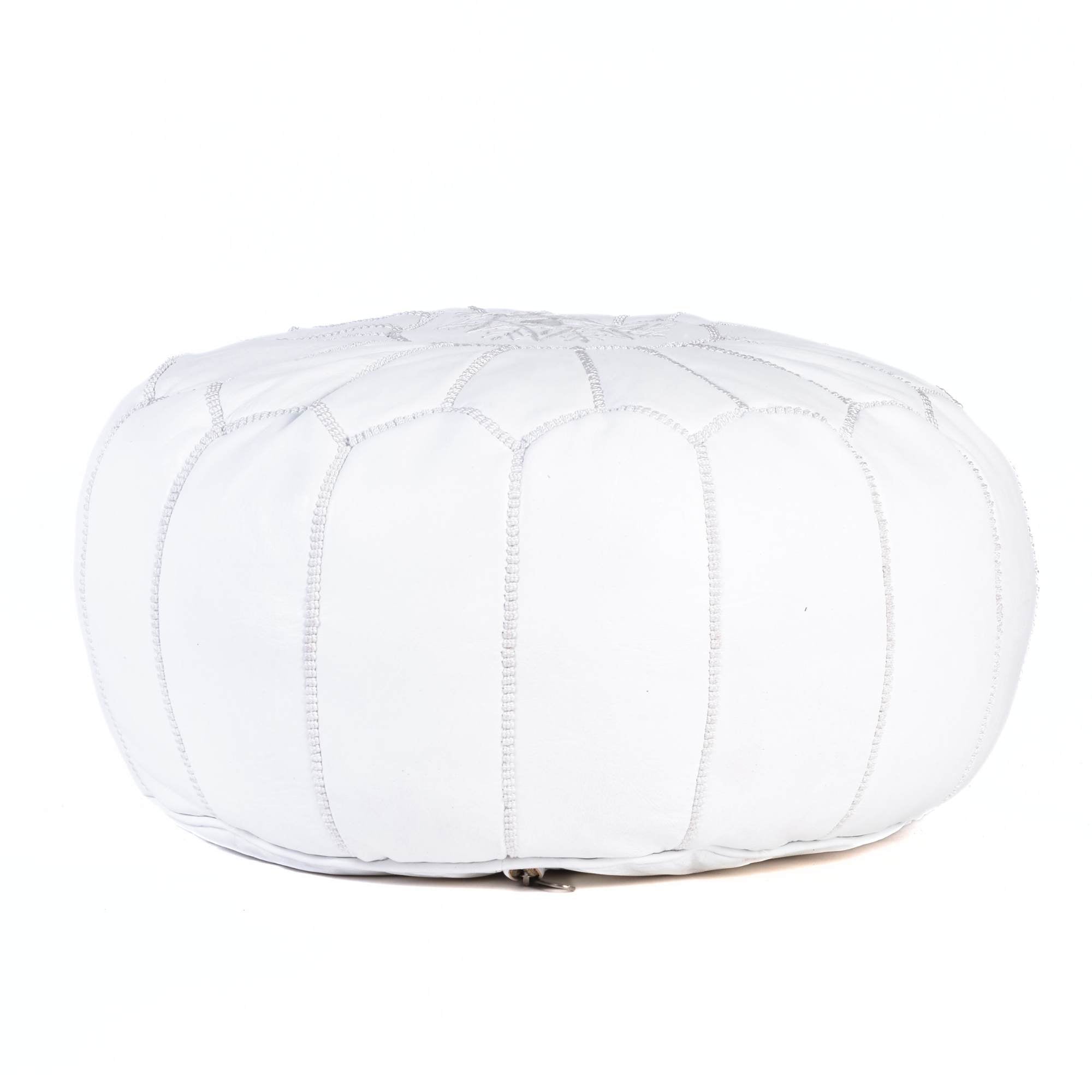 White Hand-Stitched Genuine Leather Ottoman Pouf with Embroidery