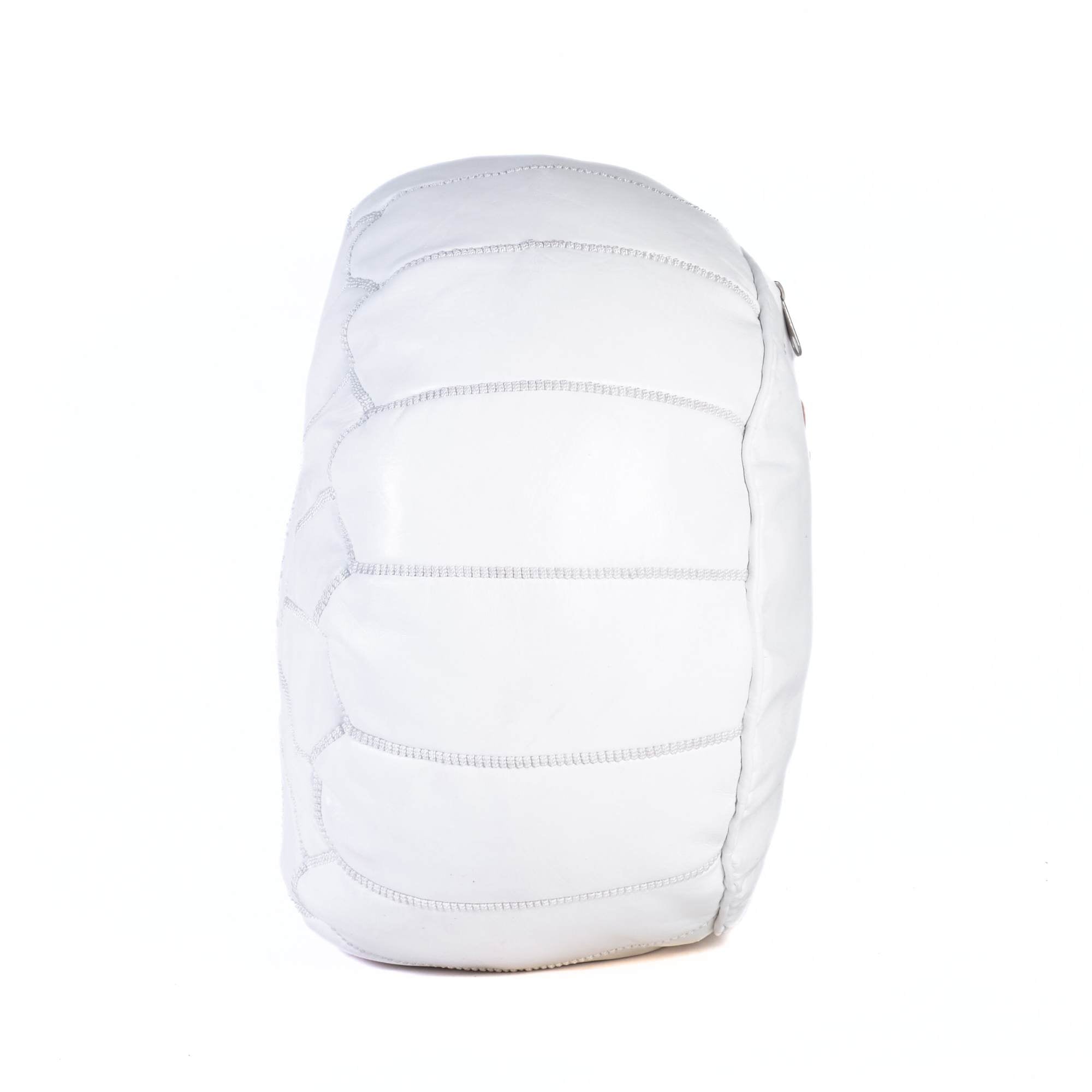 White Hand-Stitched Genuine Leather Ottoman Pouf with Embroidery