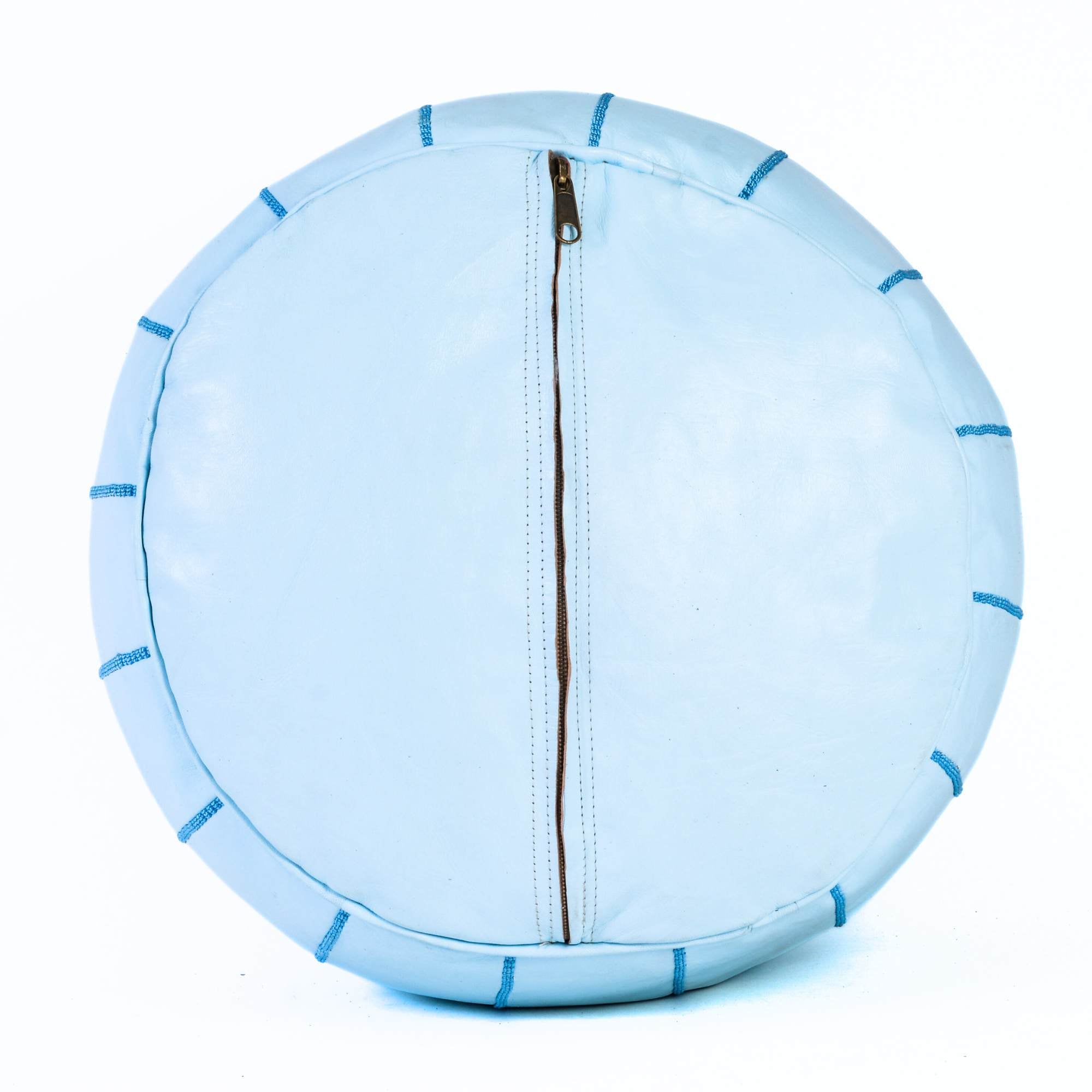 White Turquoise Hand-Stitched Genuine Leather Ottoman Pouf with Embroidery