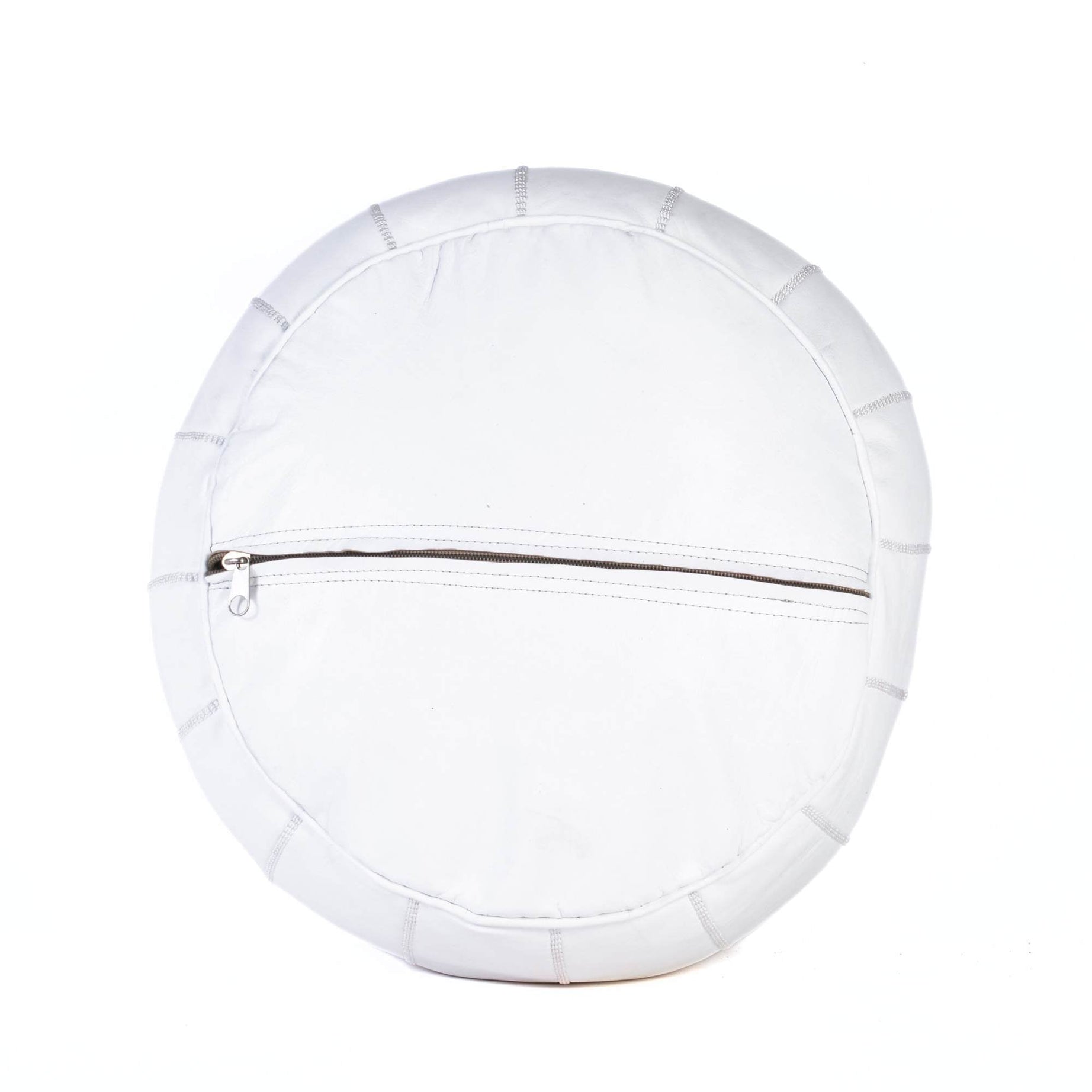 White Hand-Stitched Genuine Leather Ottoman Pouf with Embroidery