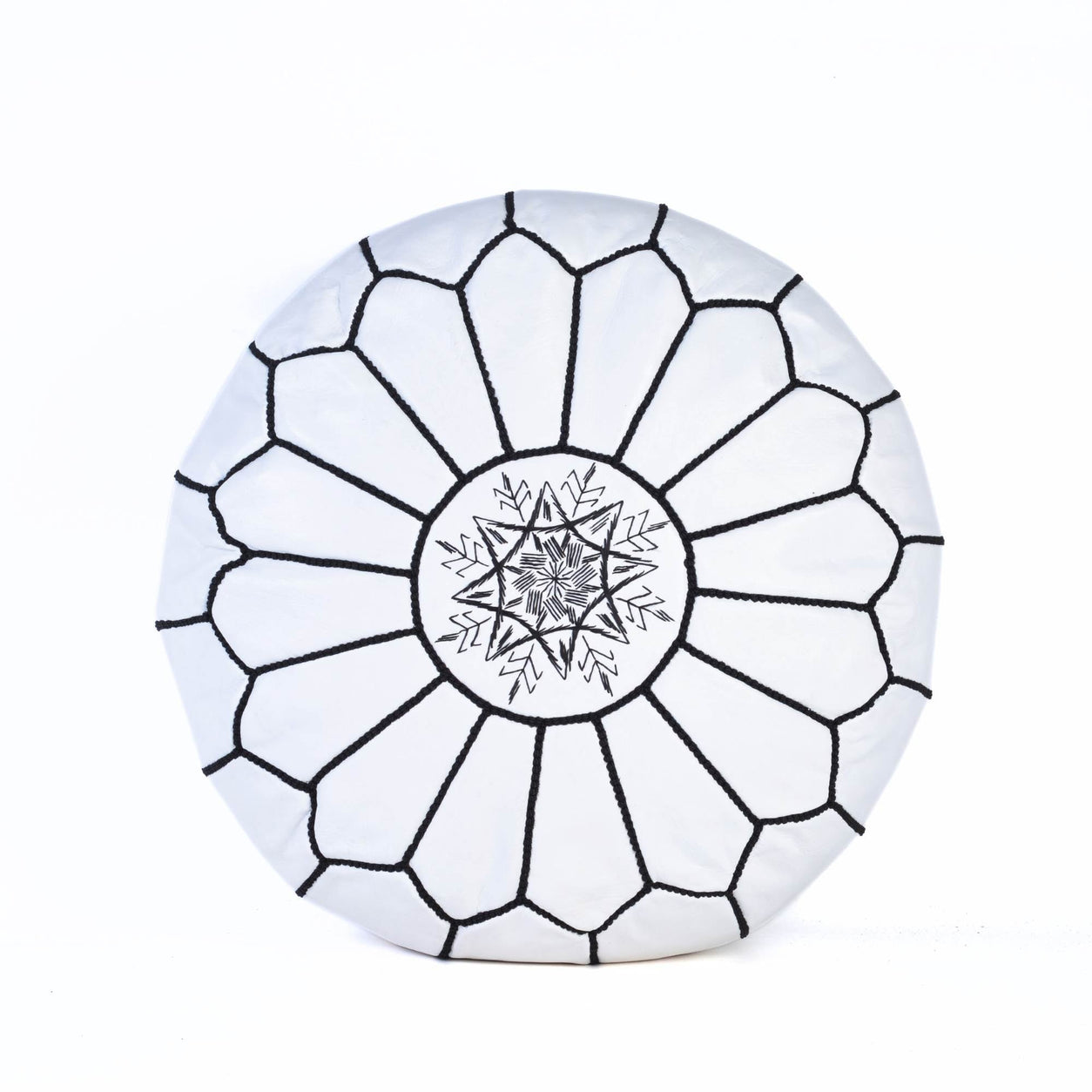 White Black Leather Pouf Authentic Moroccan Handmade Ottoman - LuxoraCraft