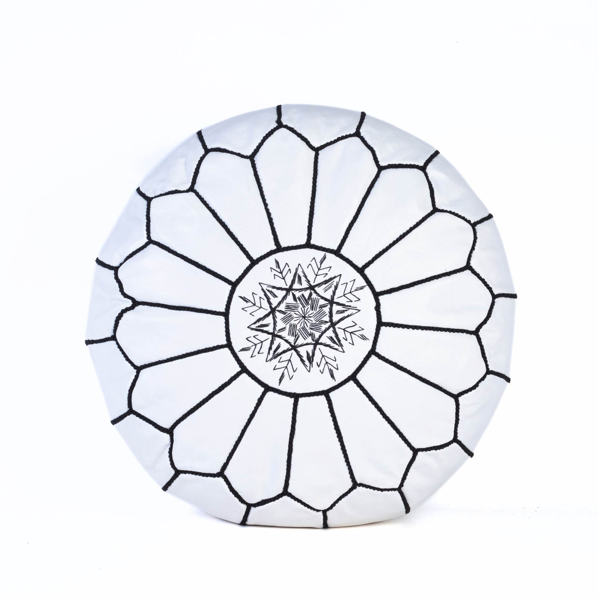 White Black Hand-Stitched Genuine Leather Ottoman Pouf with Embroidery