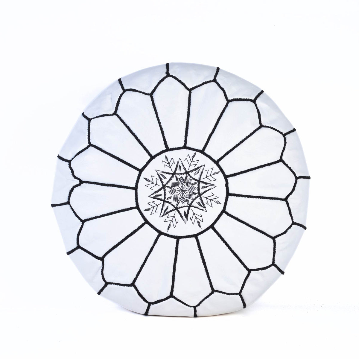 White Black Leather Pouf Authentic Moroccan Handmade Ottoman - LuxoraCraft