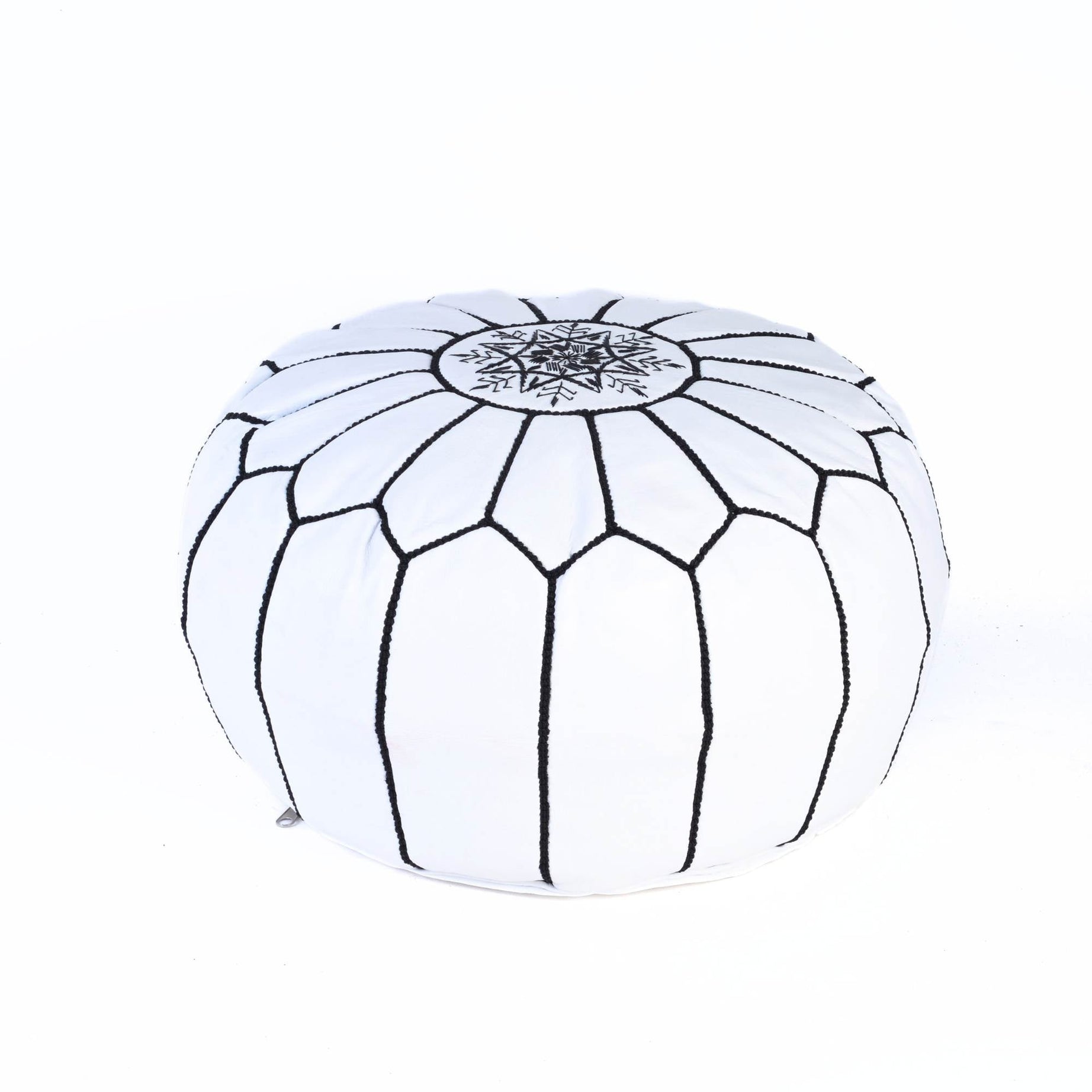 White Black Hand-Stitched Genuine Leather Ottoman Pouf with Embroidery