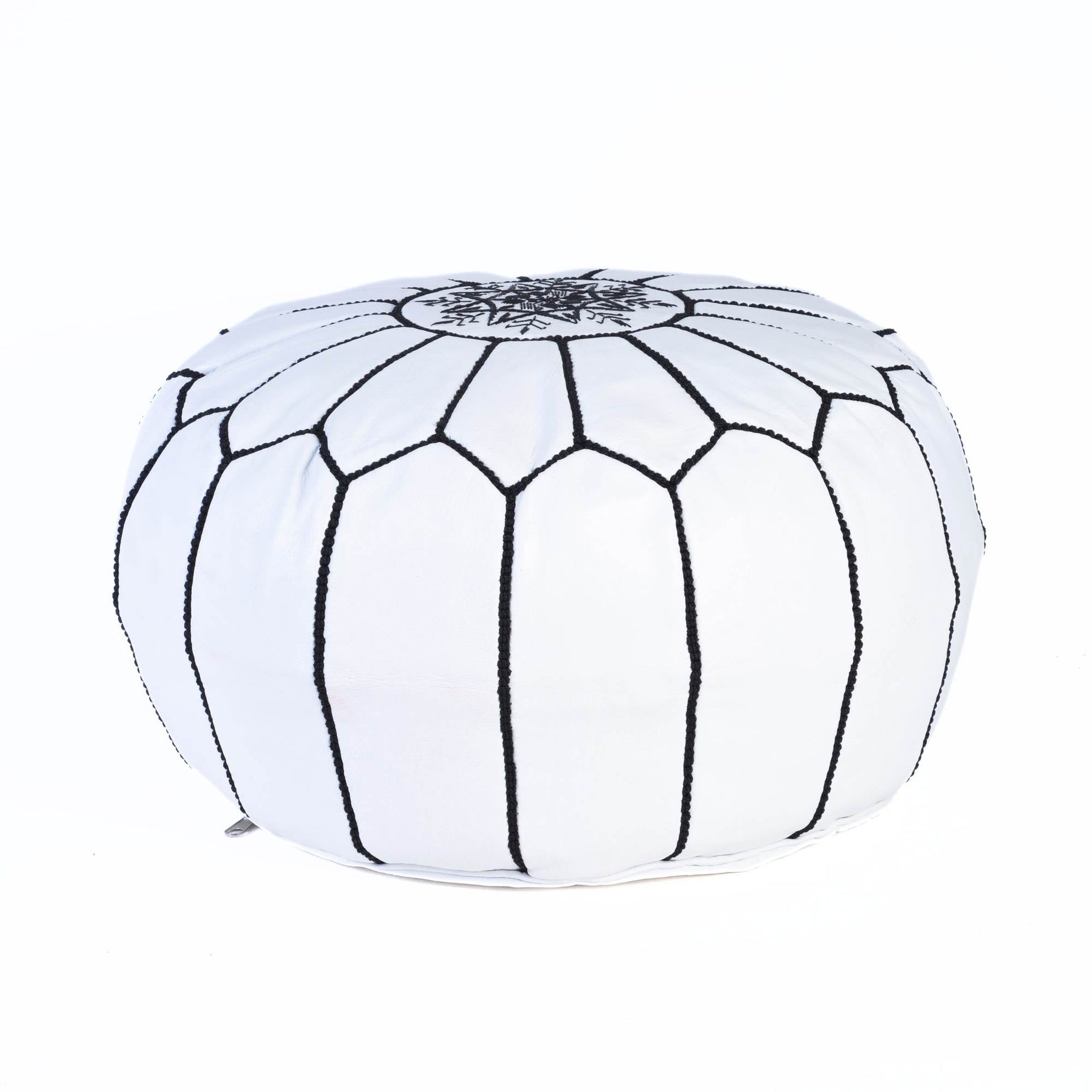 White Black Hand-Stitched Genuine Leather Ottoman Pouf with Embroidery