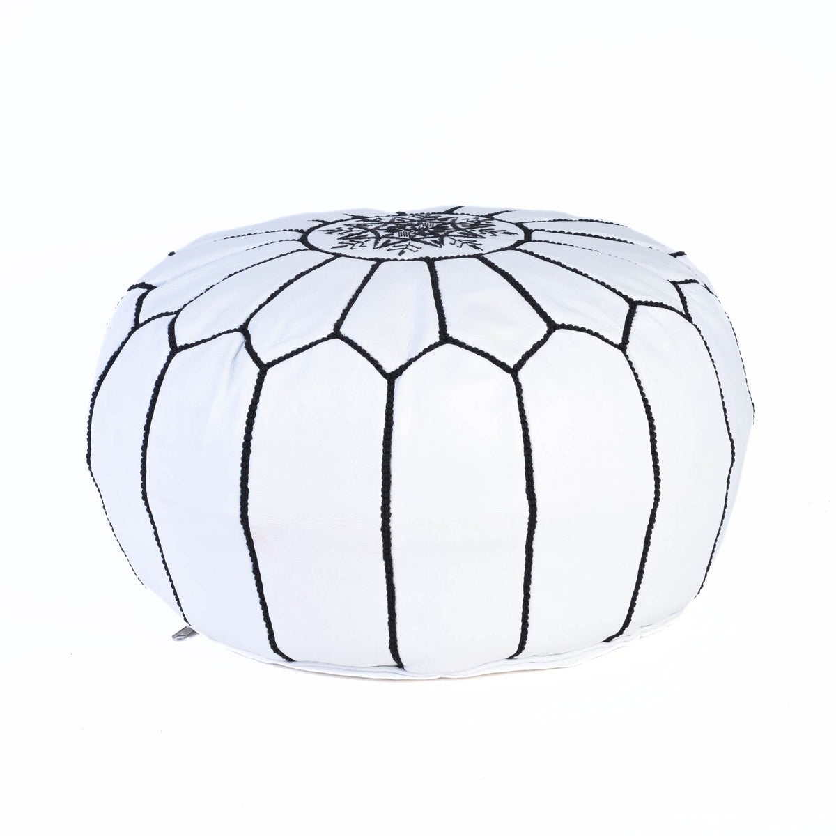 Handcrafted White Black Leather Pouf Moroccan Interior - LuxoraCraft
