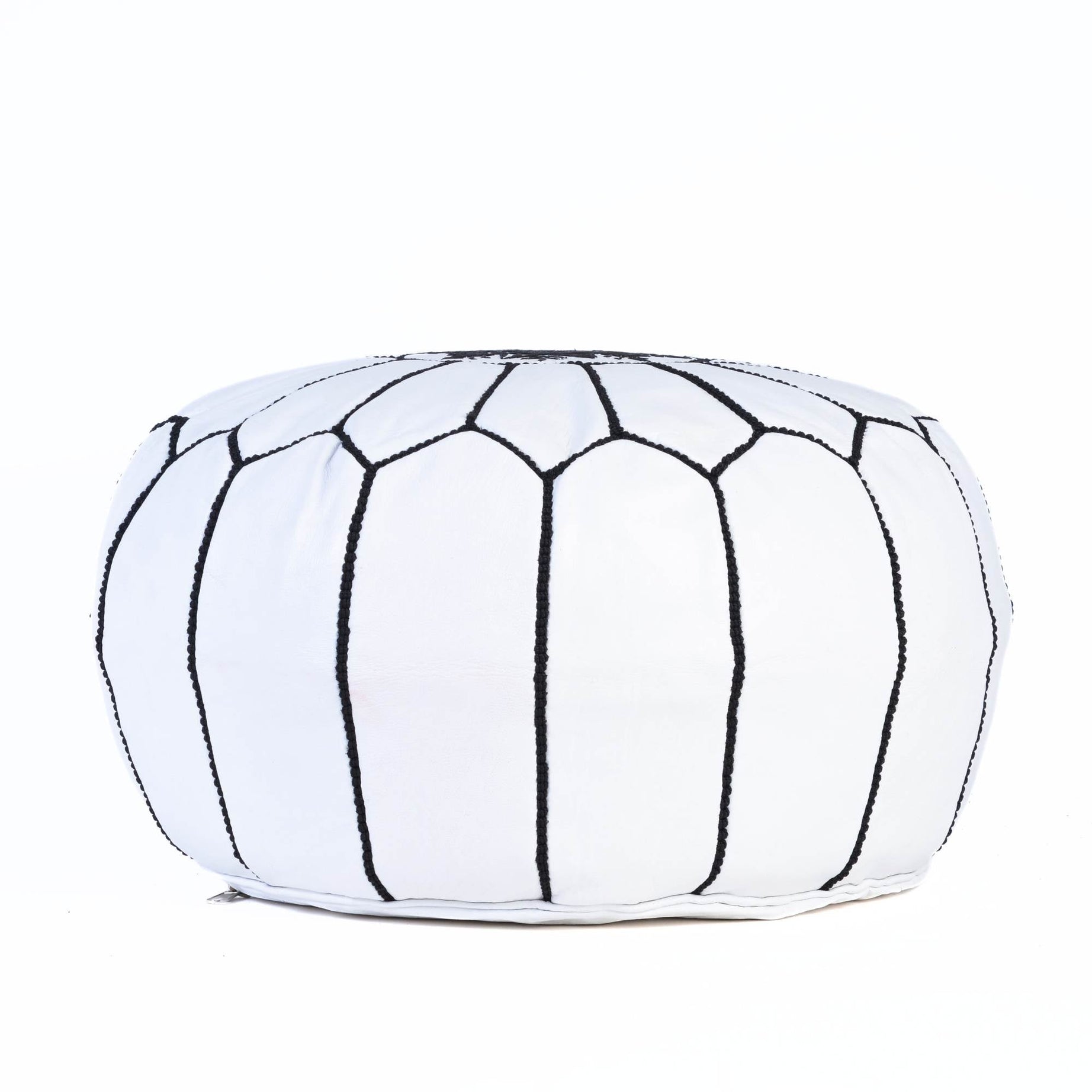 White Black Hand-Stitched Genuine Leather Ottoman Pouf with Embroidery