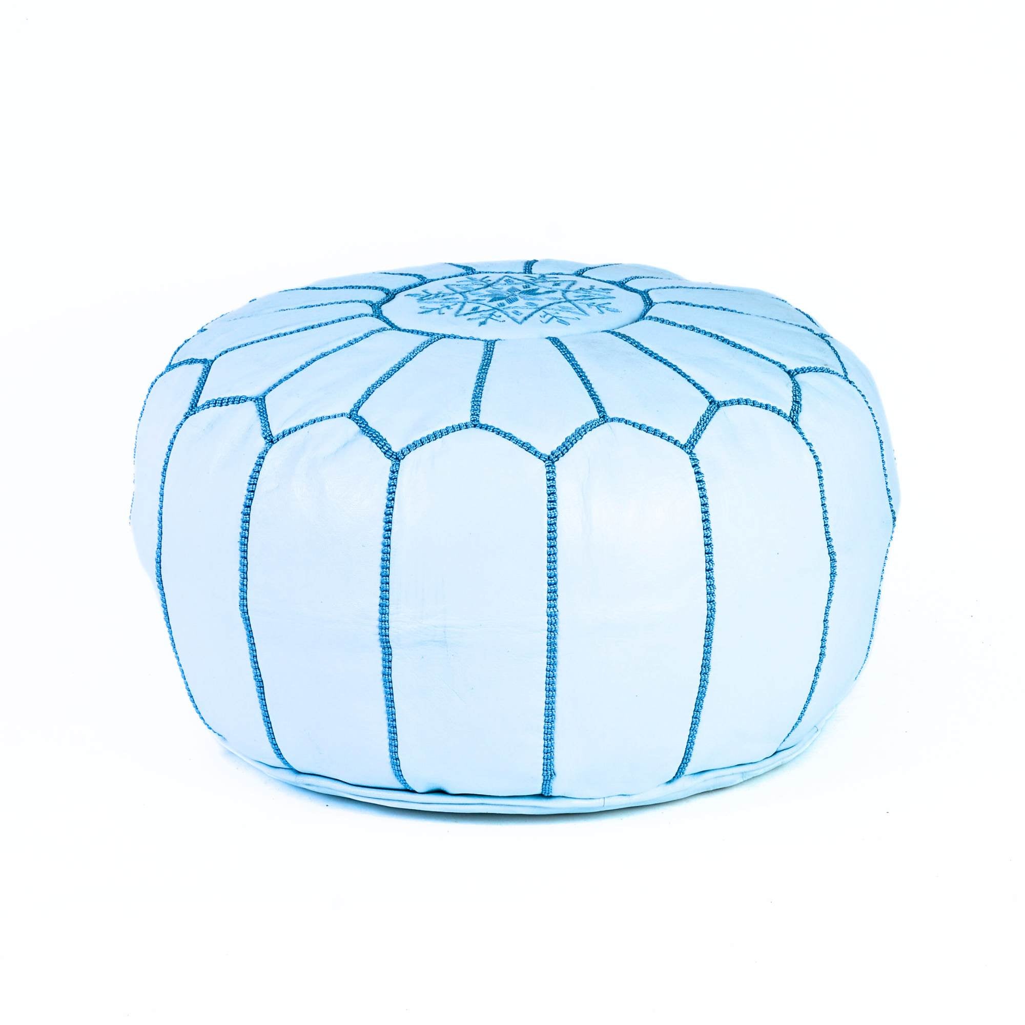 White Turquoise Hand-Stitched Genuine Leather Ottoman Pouf with Embroidery