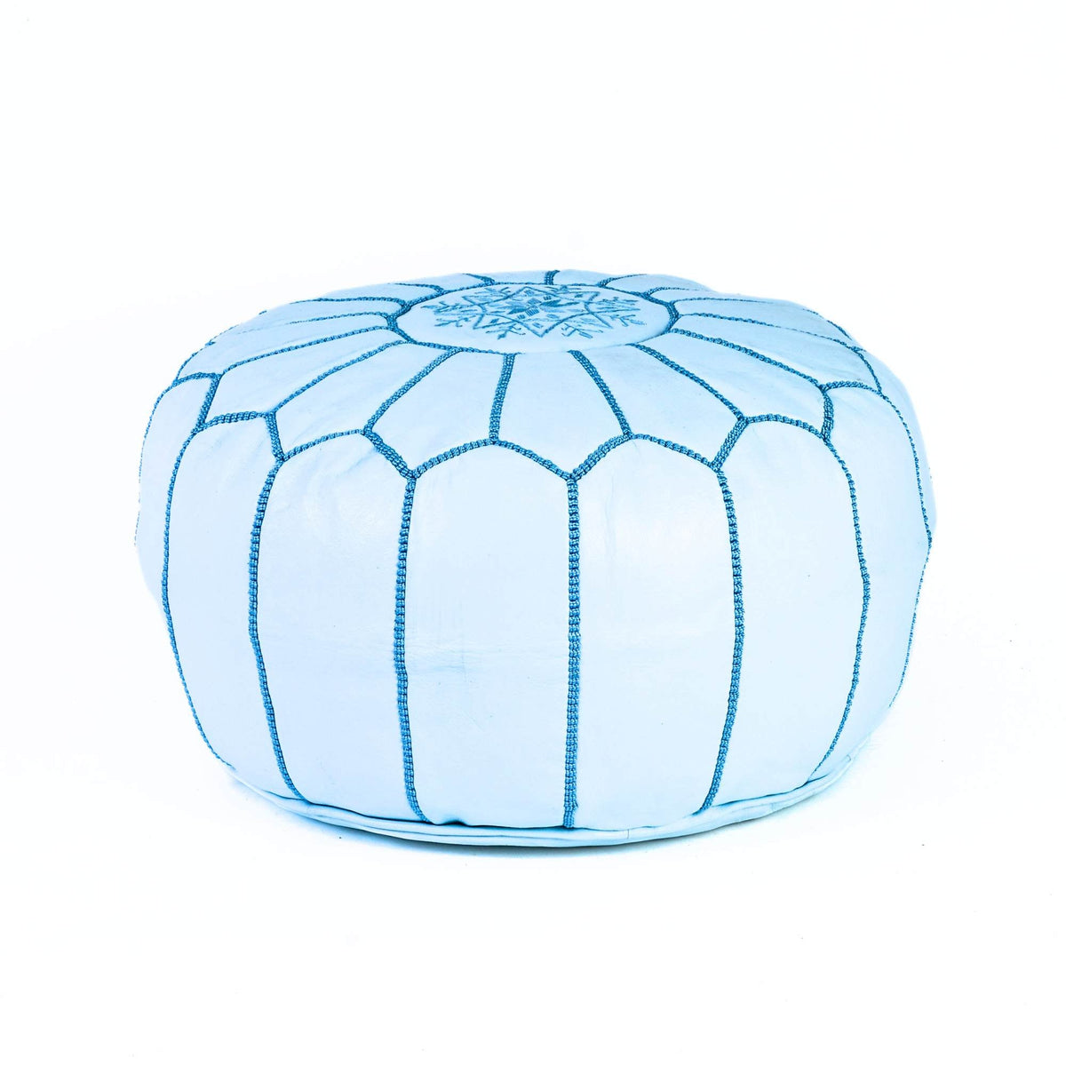 White Turquoise Round Leather Pouf Boho Footstool Decor - LuxoraCraft