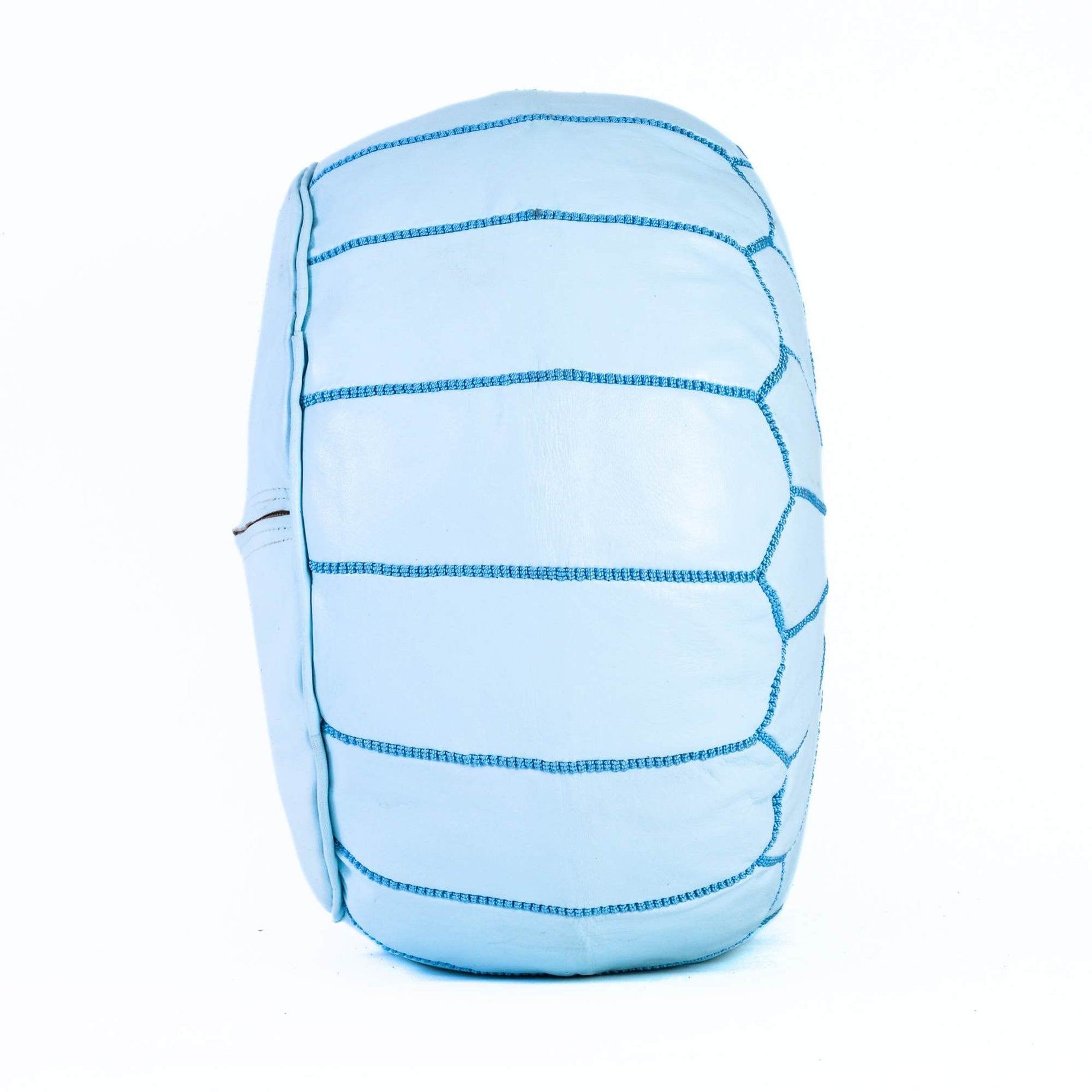 White Turquoise Hand-Stitched Genuine Leather Ottoman Pouf with Embroidery